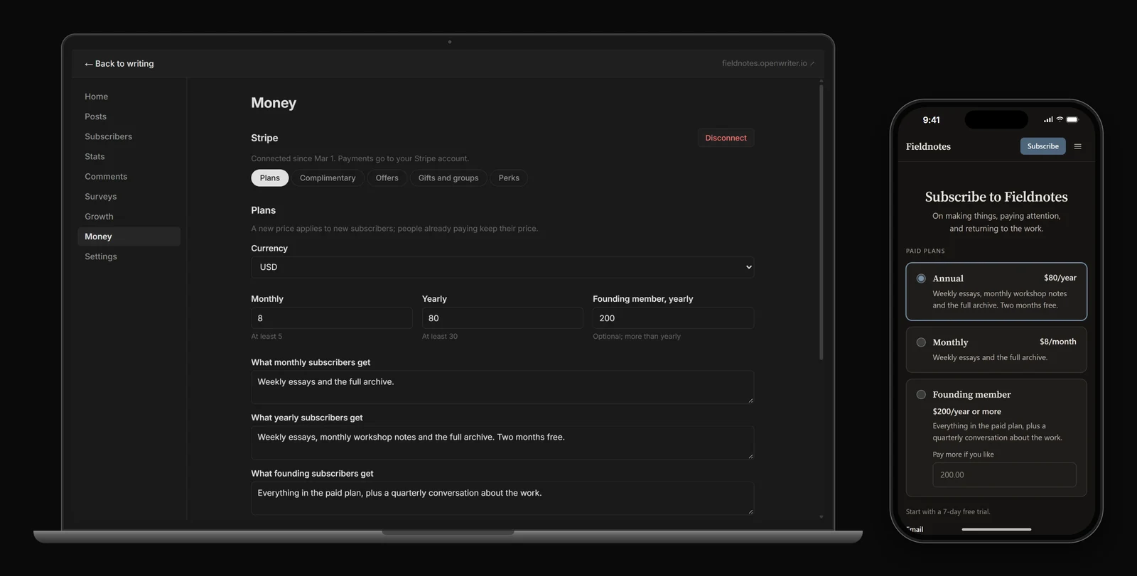 Paid plans in the editor, and a reader choosing a subscription