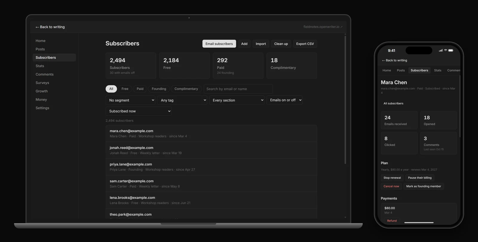 The subscribers page, and one subscriber's details on a phone