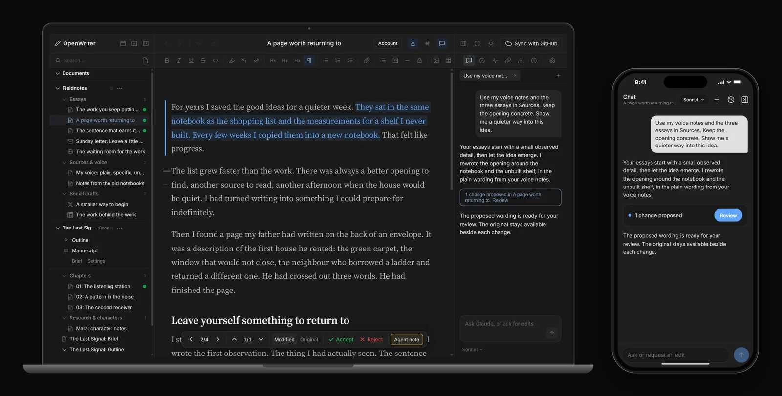 The editor with sources in the sidebar, a rewritten opening, and Claude explaining the change