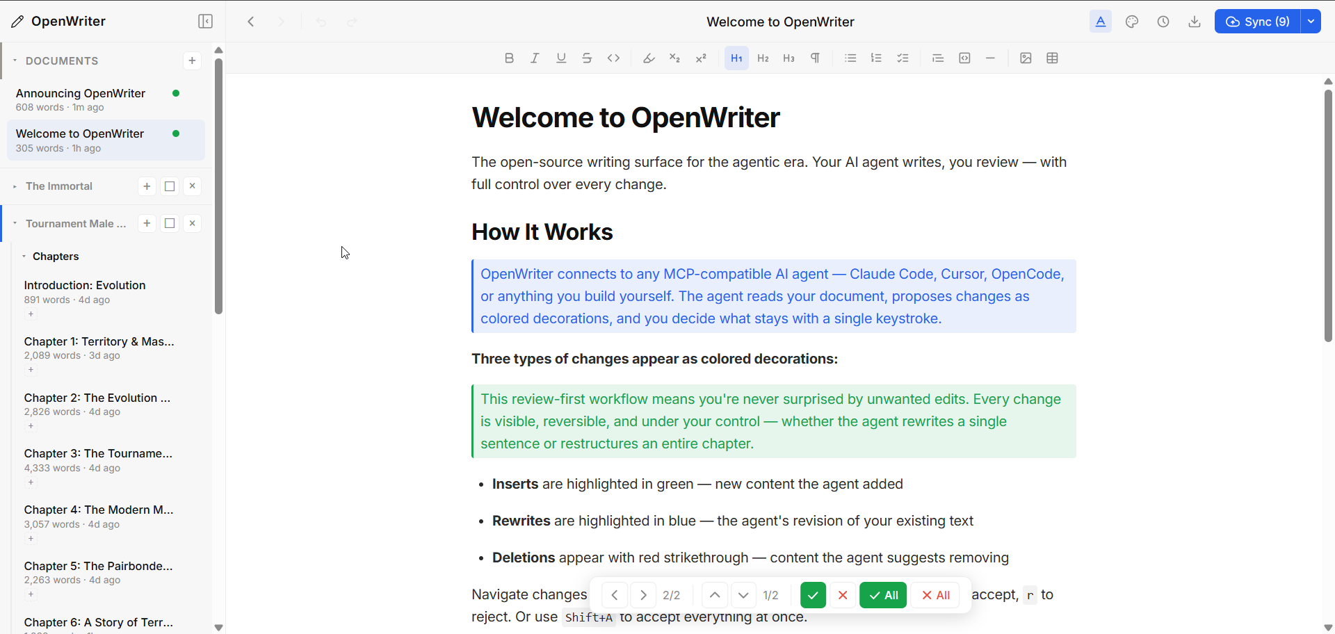 OpenWriter — agent writes, you review