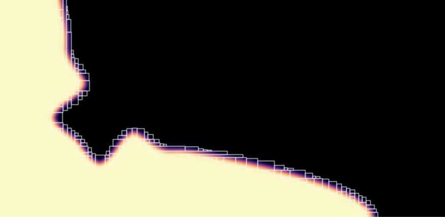 A solidification front computed with legendre: solid phase advancing into an undercooled melt, the interface glowing at the phase boundary