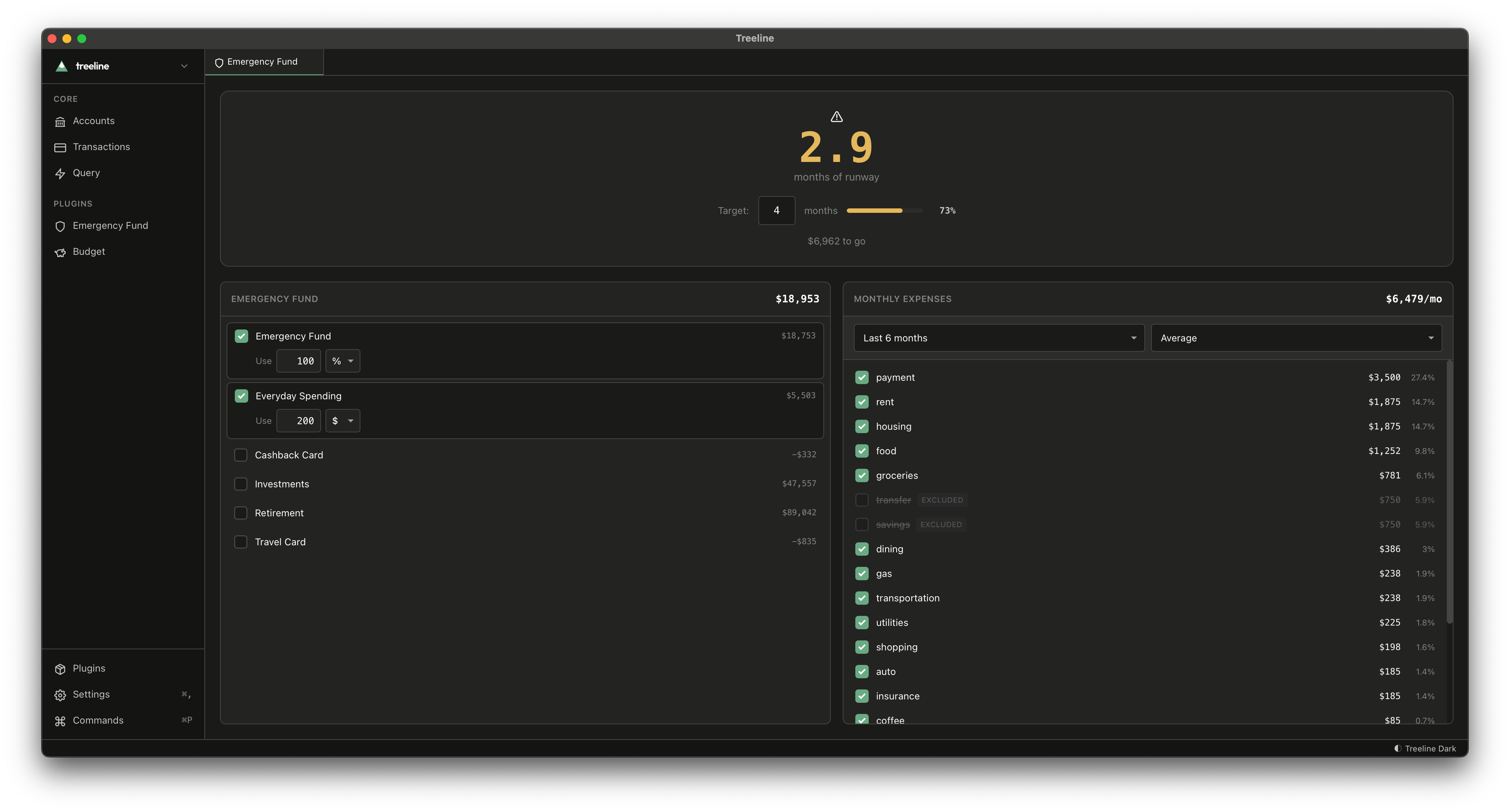 Emergency Fund plugin showing months of runway
