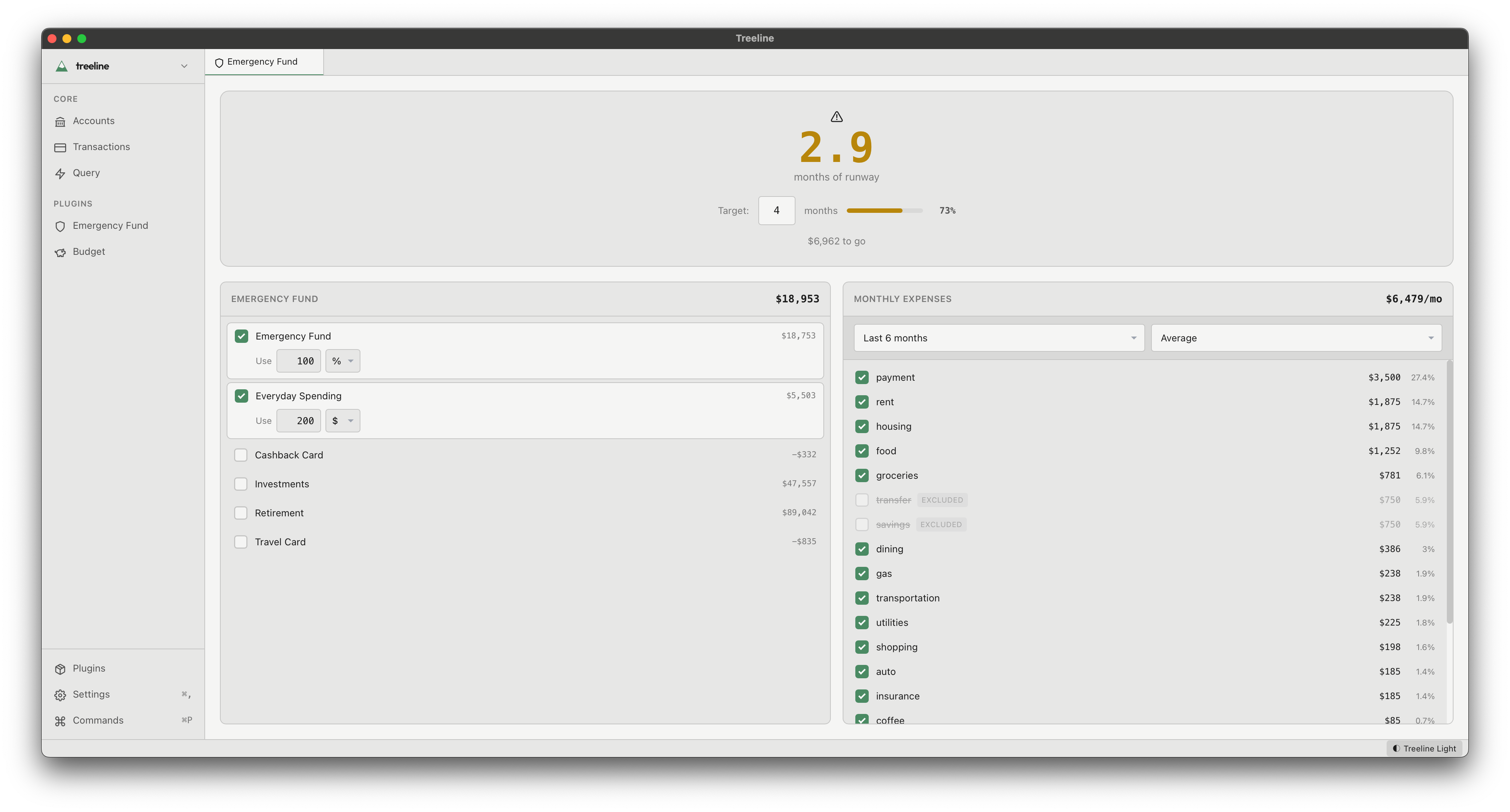 Emergency Fund plugin showing months of runway