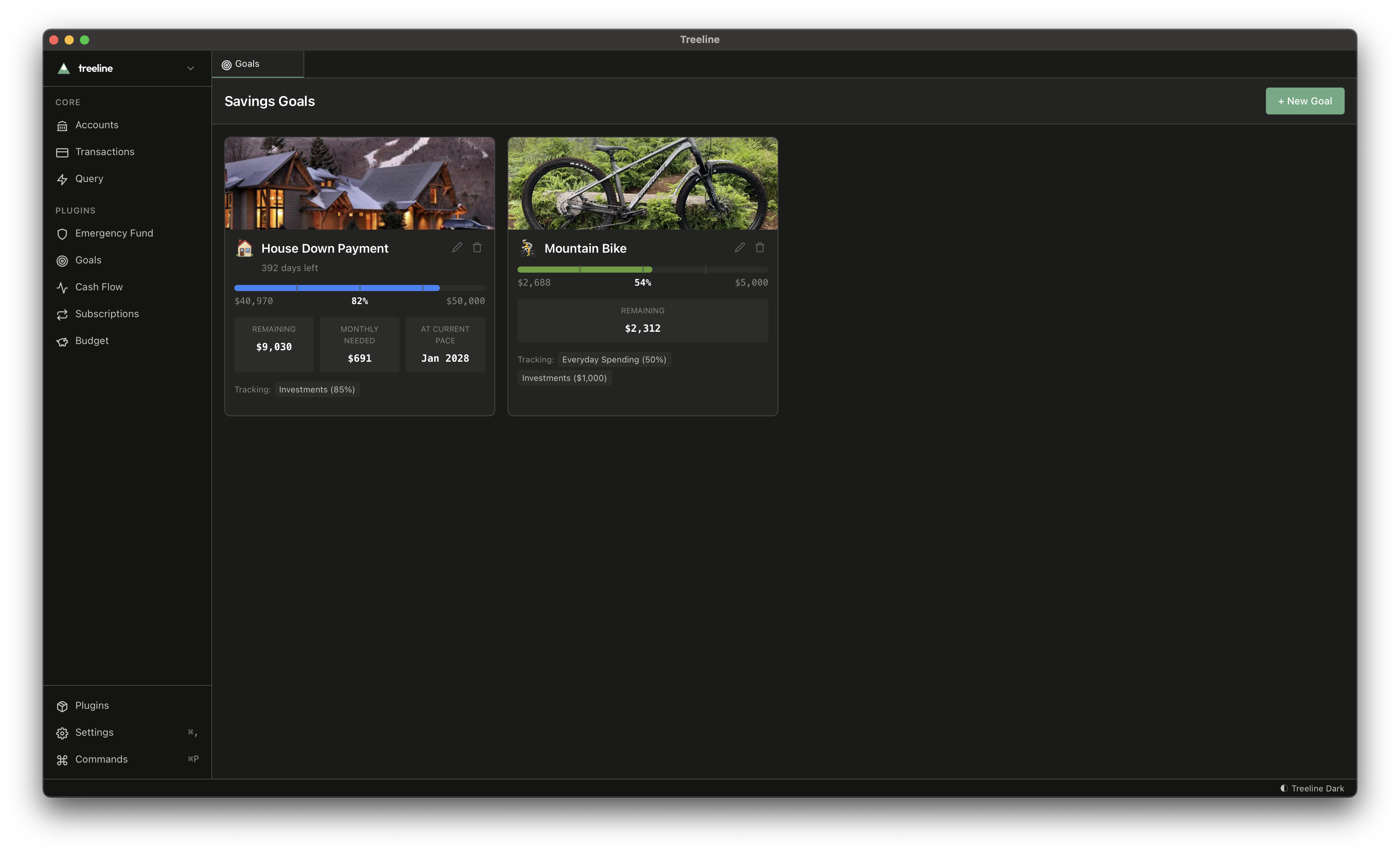 Goals plugin showing savings progress
