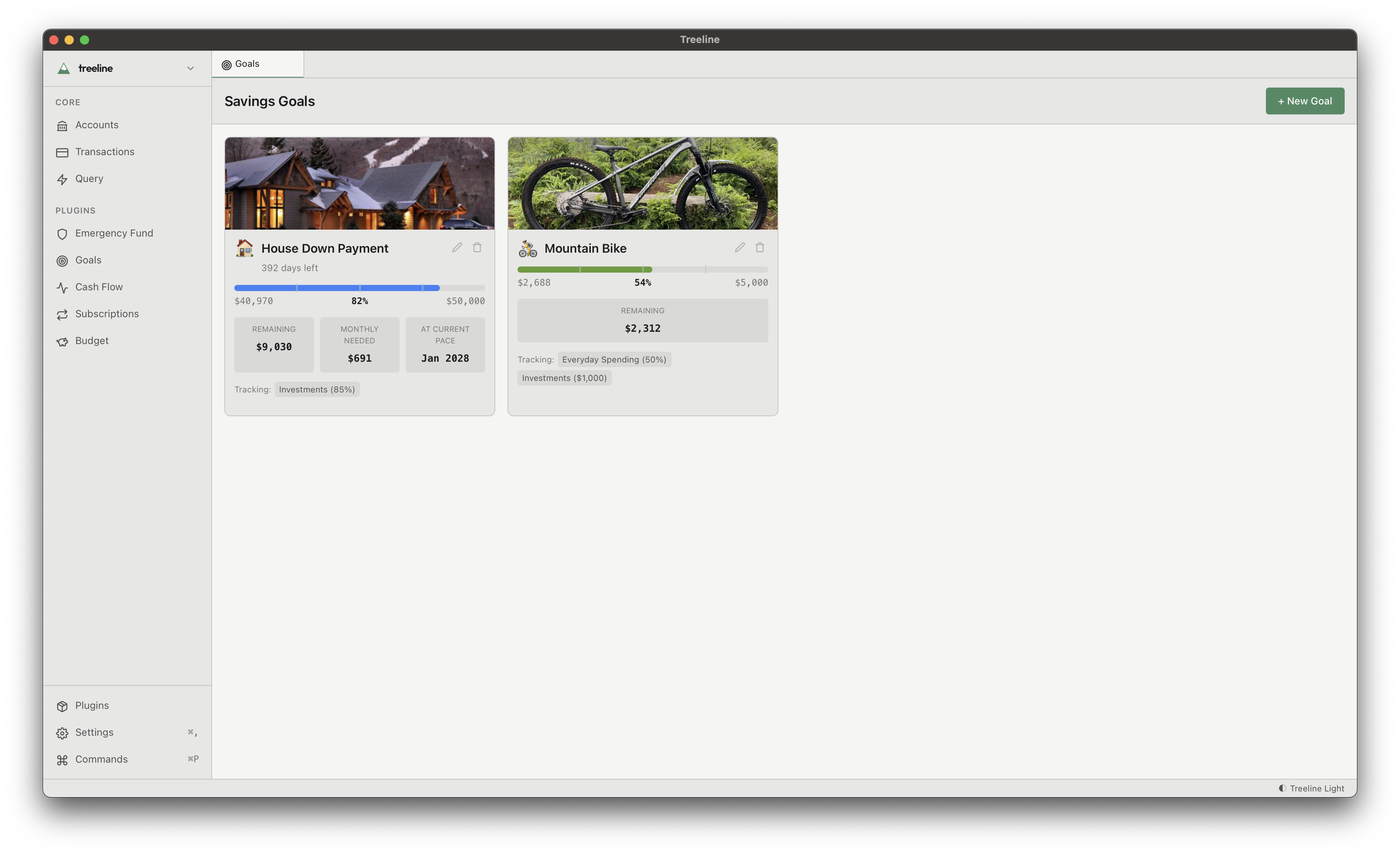Goals plugin showing savings progress