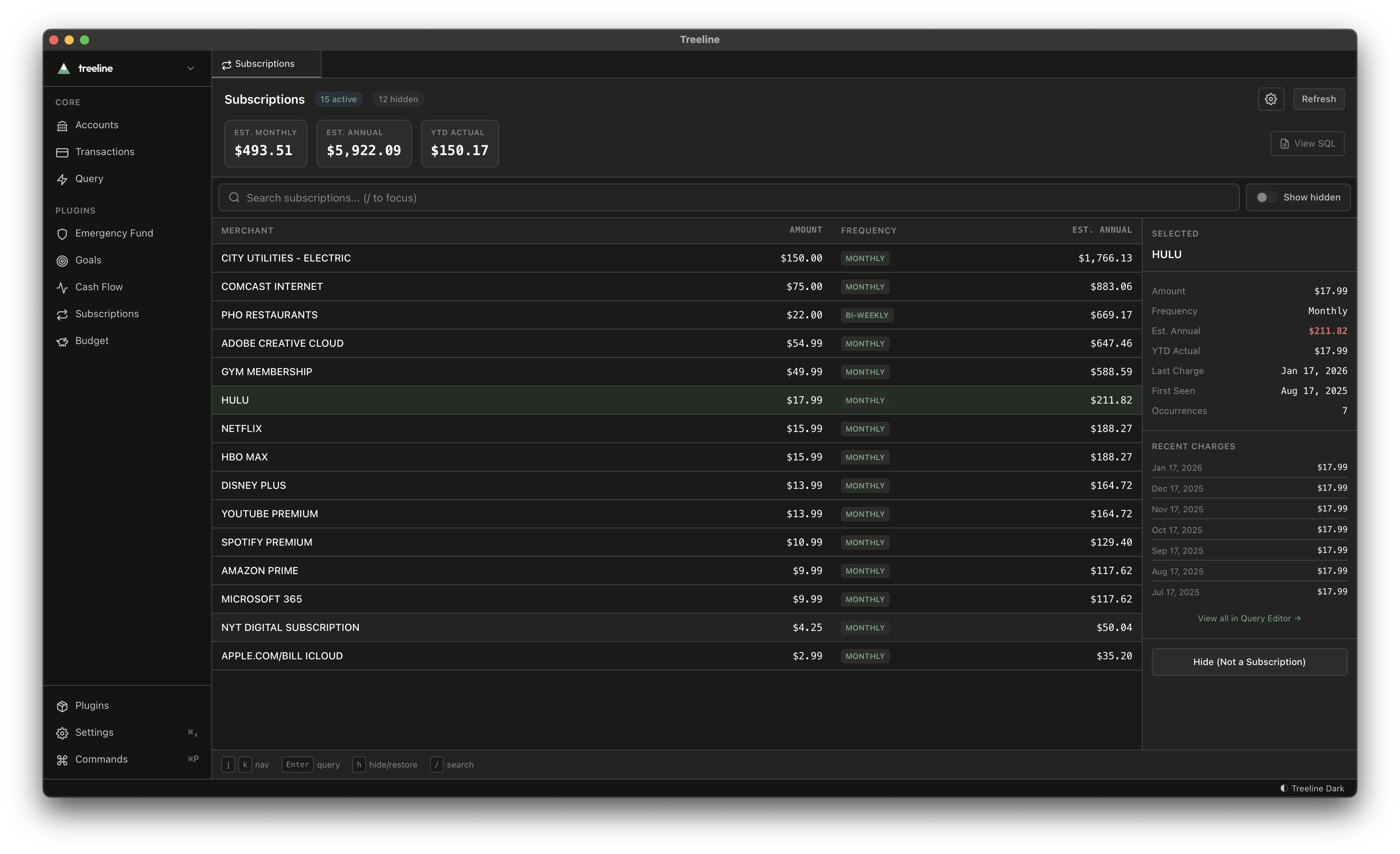 Subscriptions plugin showing detected recurring charges