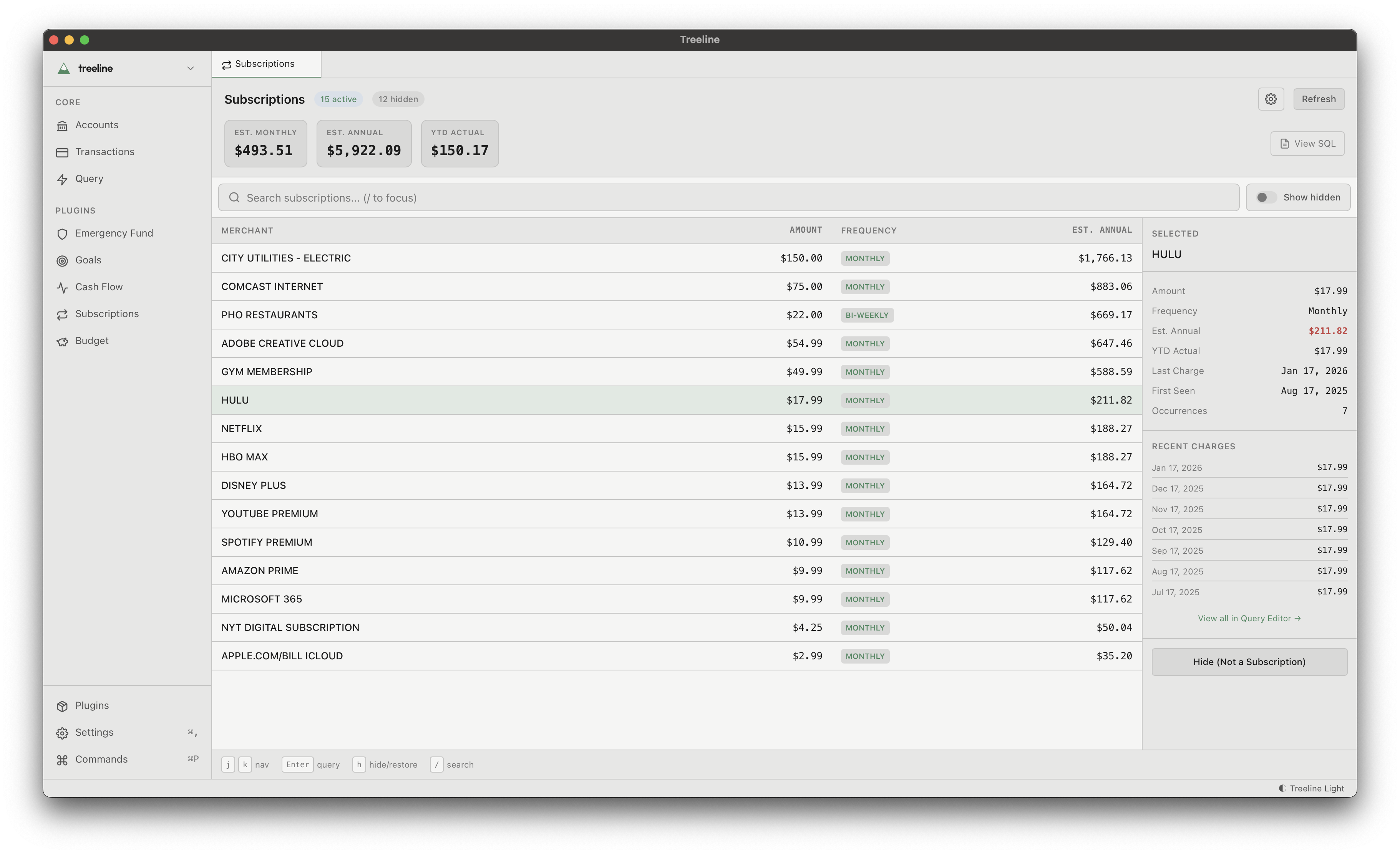 Subscriptions plugin showing detected recurring charges