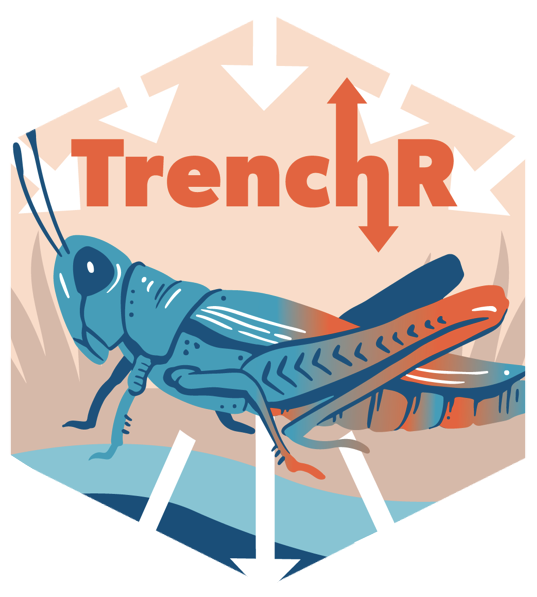 The TrenchR logo invokes an energy budget for a grasshopper. A tan and blue hexagon is centered on a white square, with white thick arrows within pointing towards the center and then towards the bottom. The word TrenchR is in a salmon orange color with arrows pointing up and down from the h. Below the text is a blue-green and orange grasshopper, on a blue ground, with colors alluding to temperature.