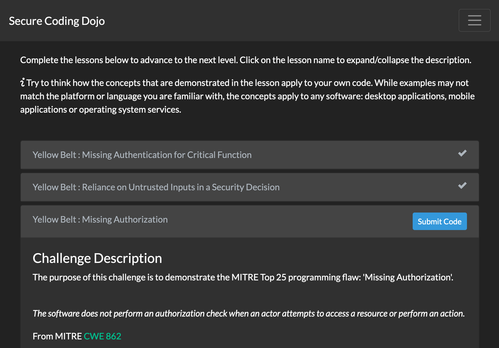 Secure Coding Dojo Training Portal Challenges