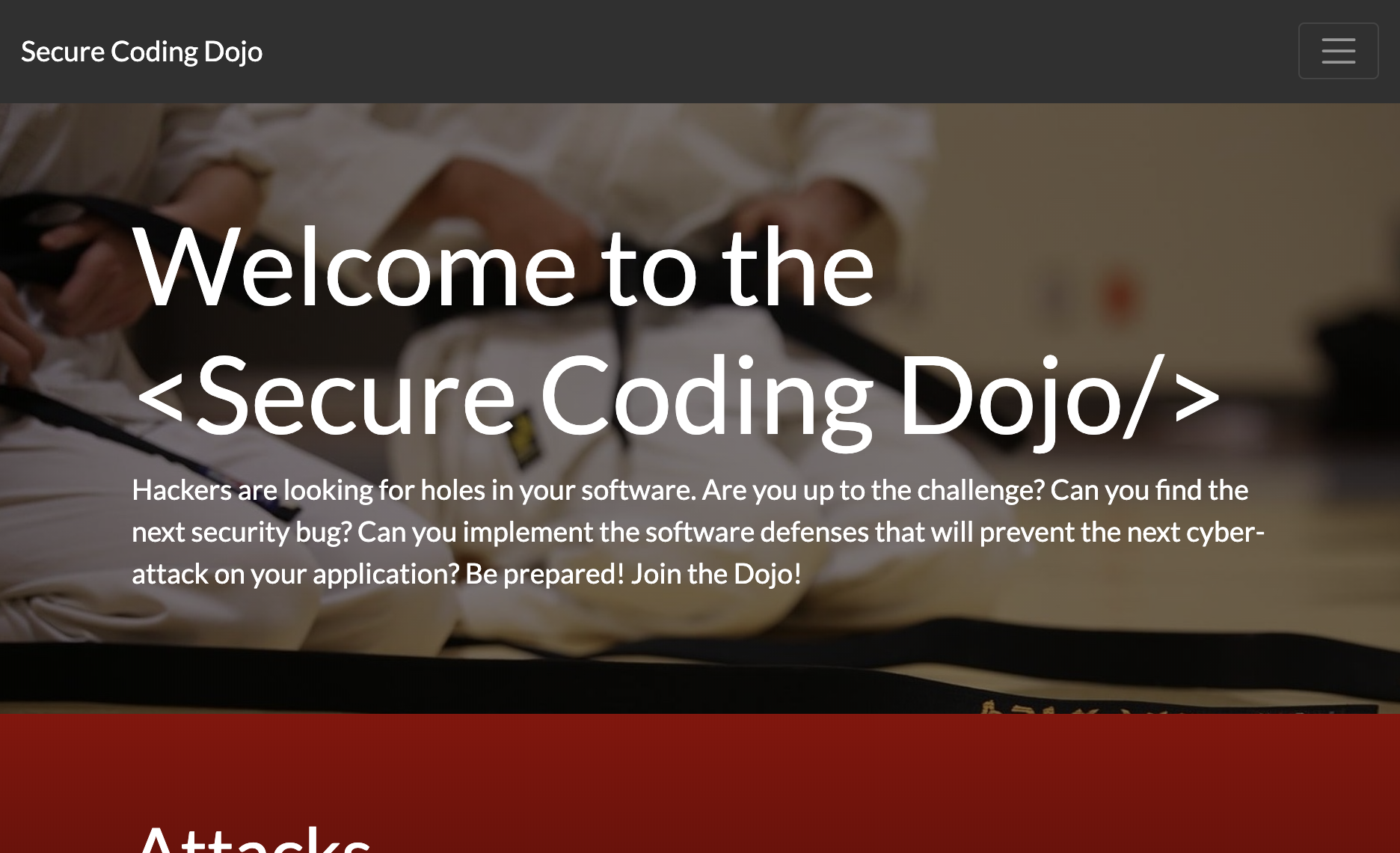 Secure Coding Dojo Training Portal Front Page