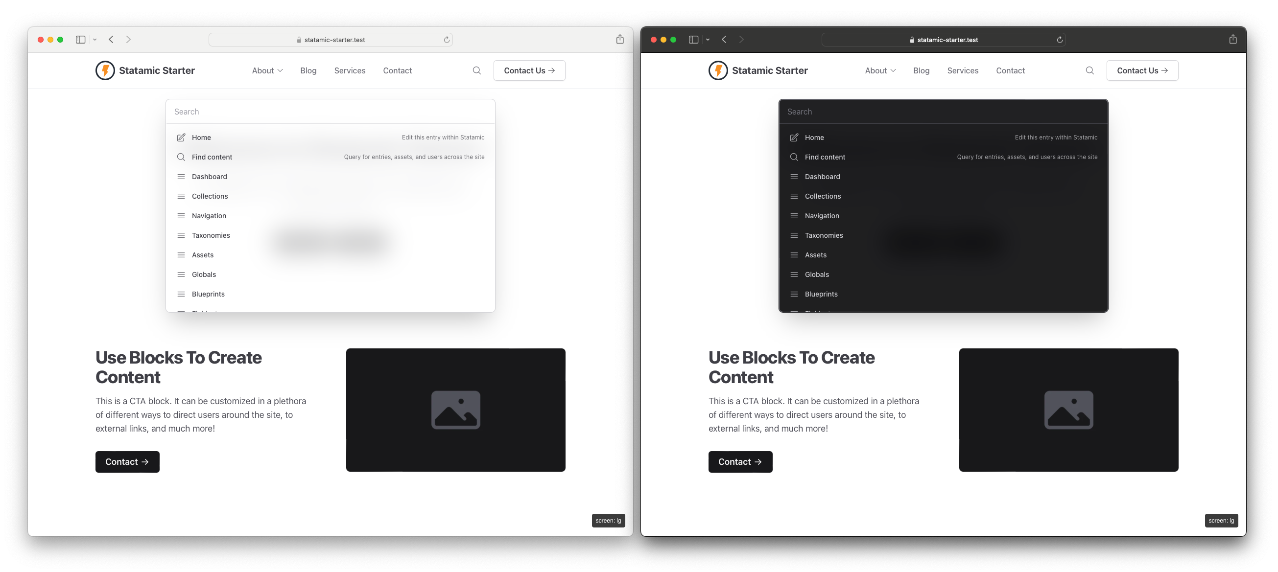 The light and dark themes of Palette shown side by side with the default list of results