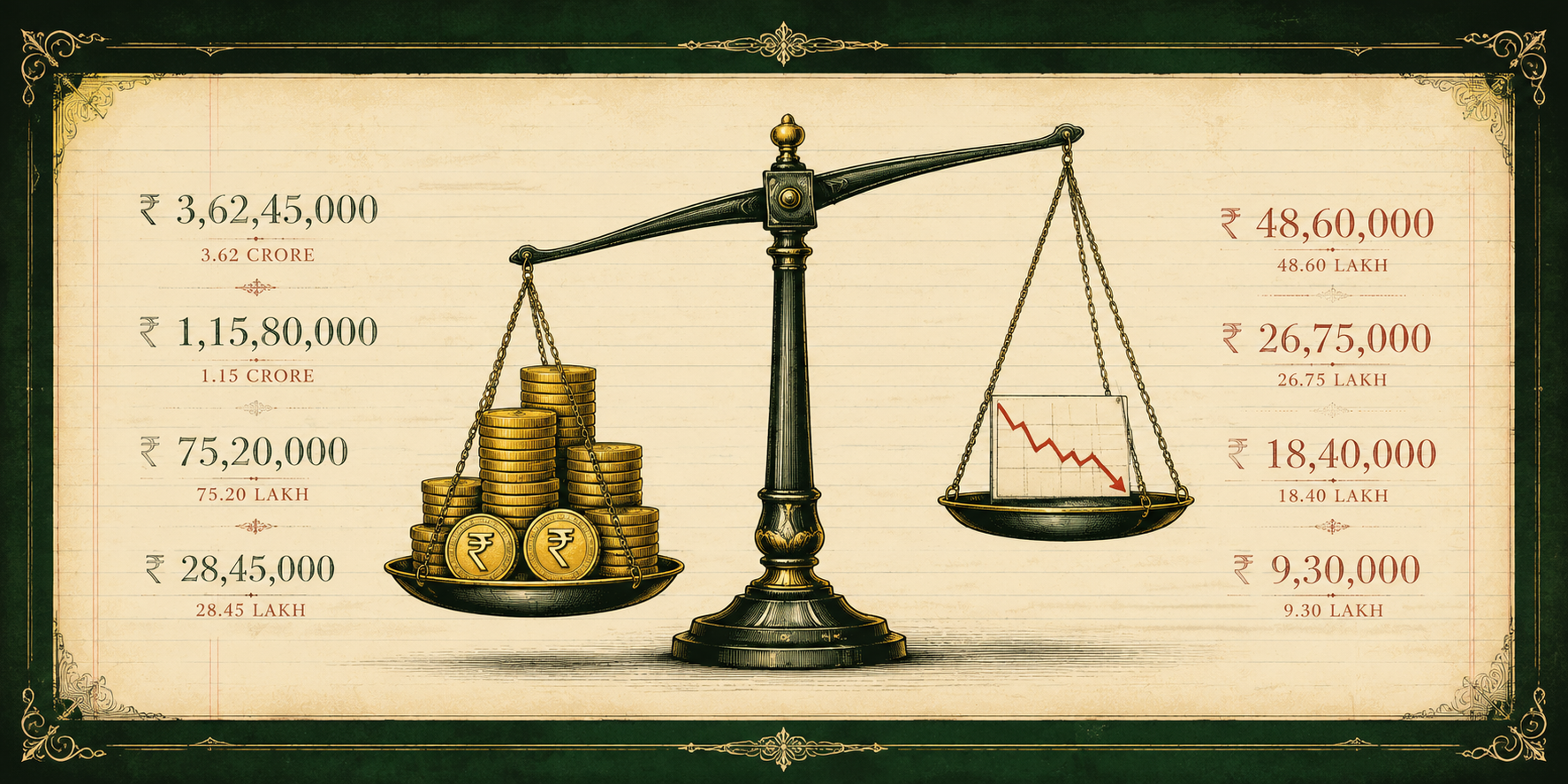 A weighing scale showing gold coin stacks on one side and a falling stock chart on the other, with rupee figures ranging from lakhs to crores labeled on each side