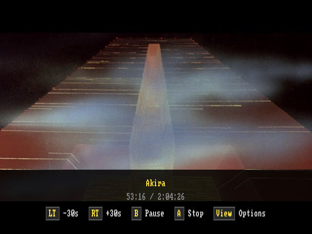Video playback with seek, pause, stop, and options controls