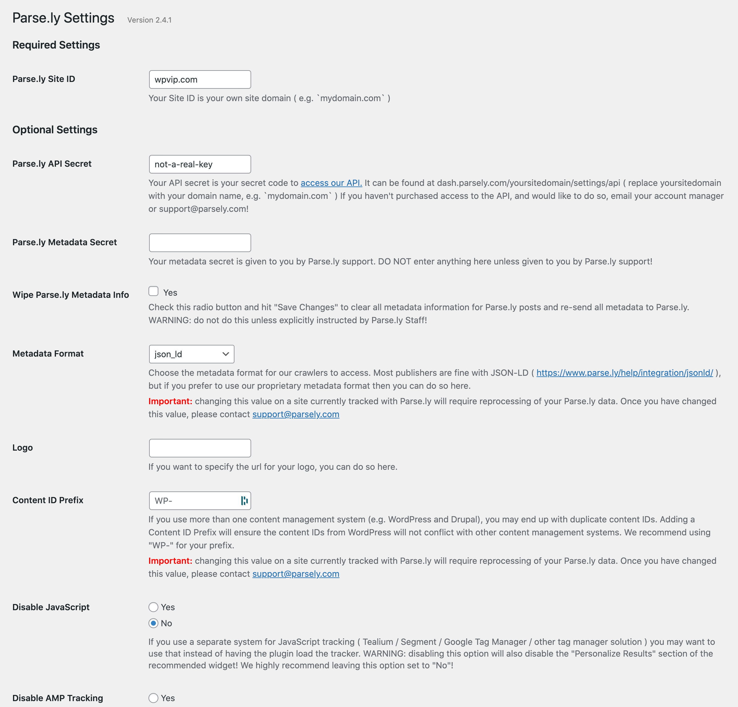 The main settings screen of the wp-parsely plugin