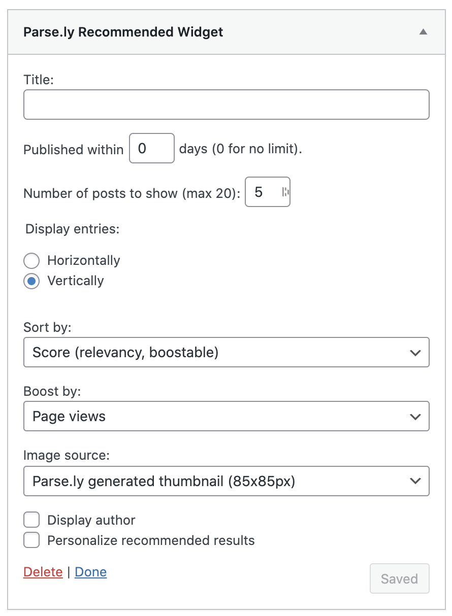 The settings for the Parse.ly Recommended Widget