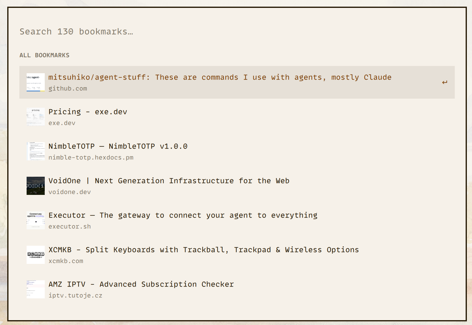 Raindrop Bookmarks overlay showing saved bookmarks