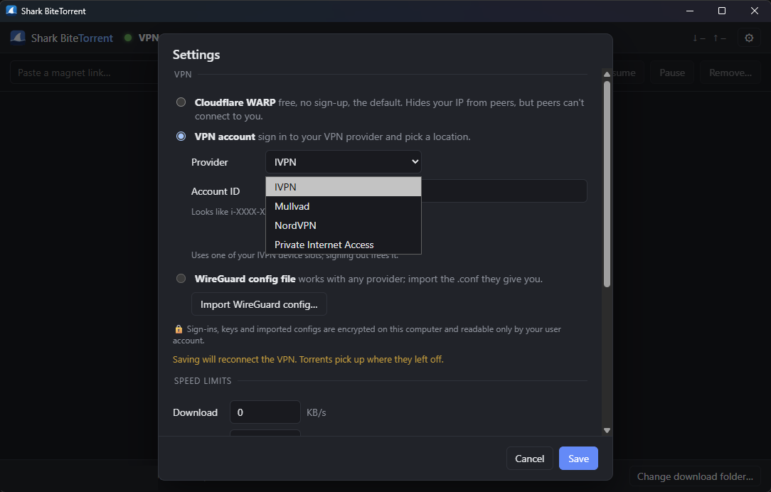Settings: VPN choices, provider sign-in and WireGuard import