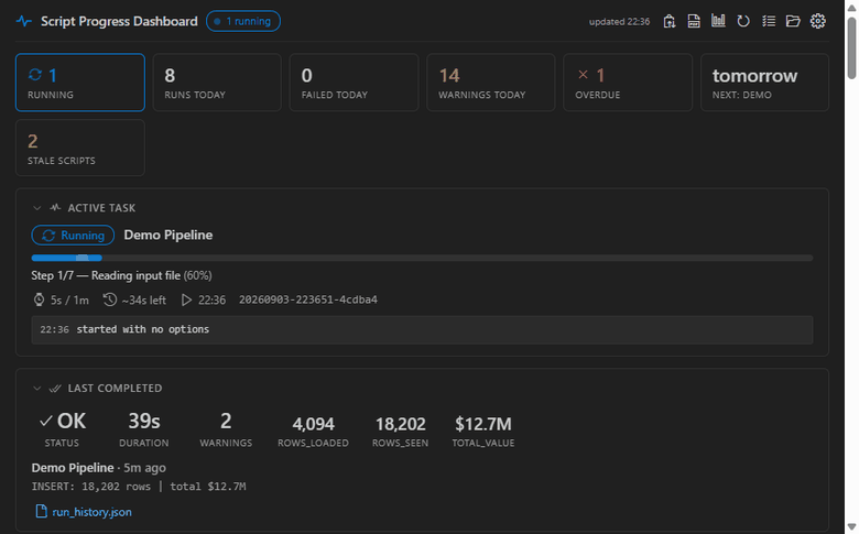 A script runs in the dashboard: the progress bar advances step by step, the log tail fills, warnings appear, and the run lands in history