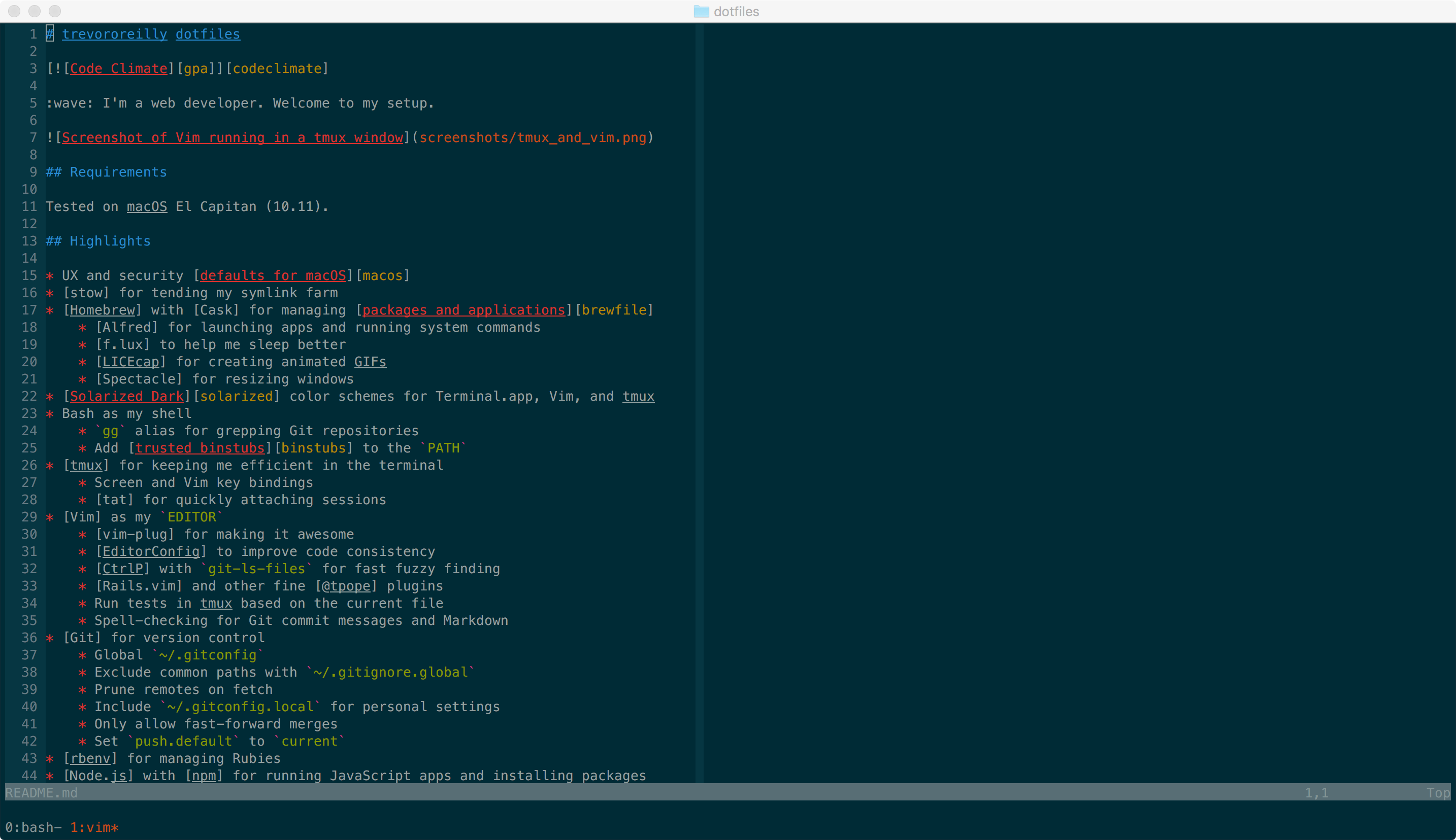 Screenshot of Vim running in a tmux window