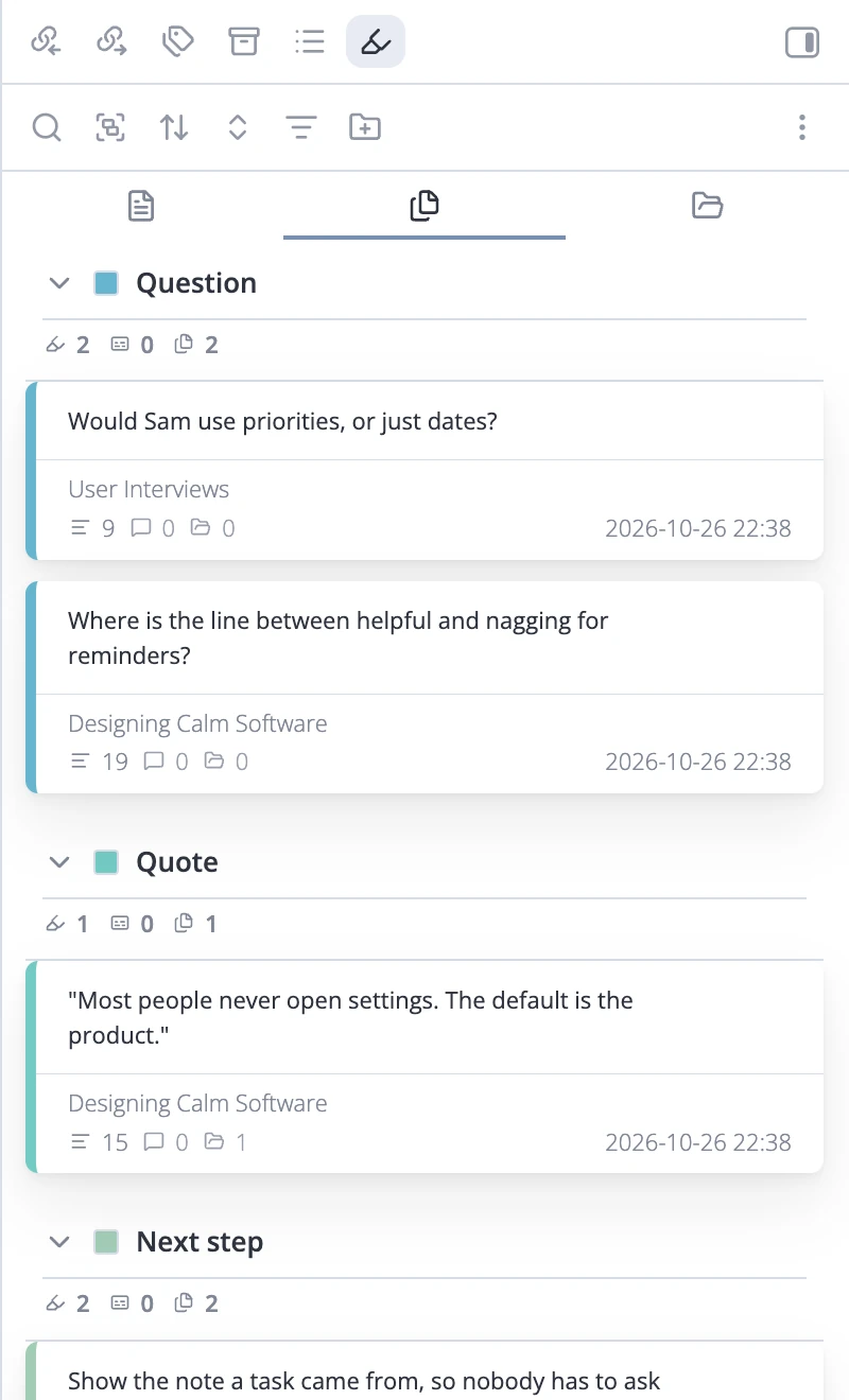 Highlights grouped by color, under the names Question, Quote and Next step