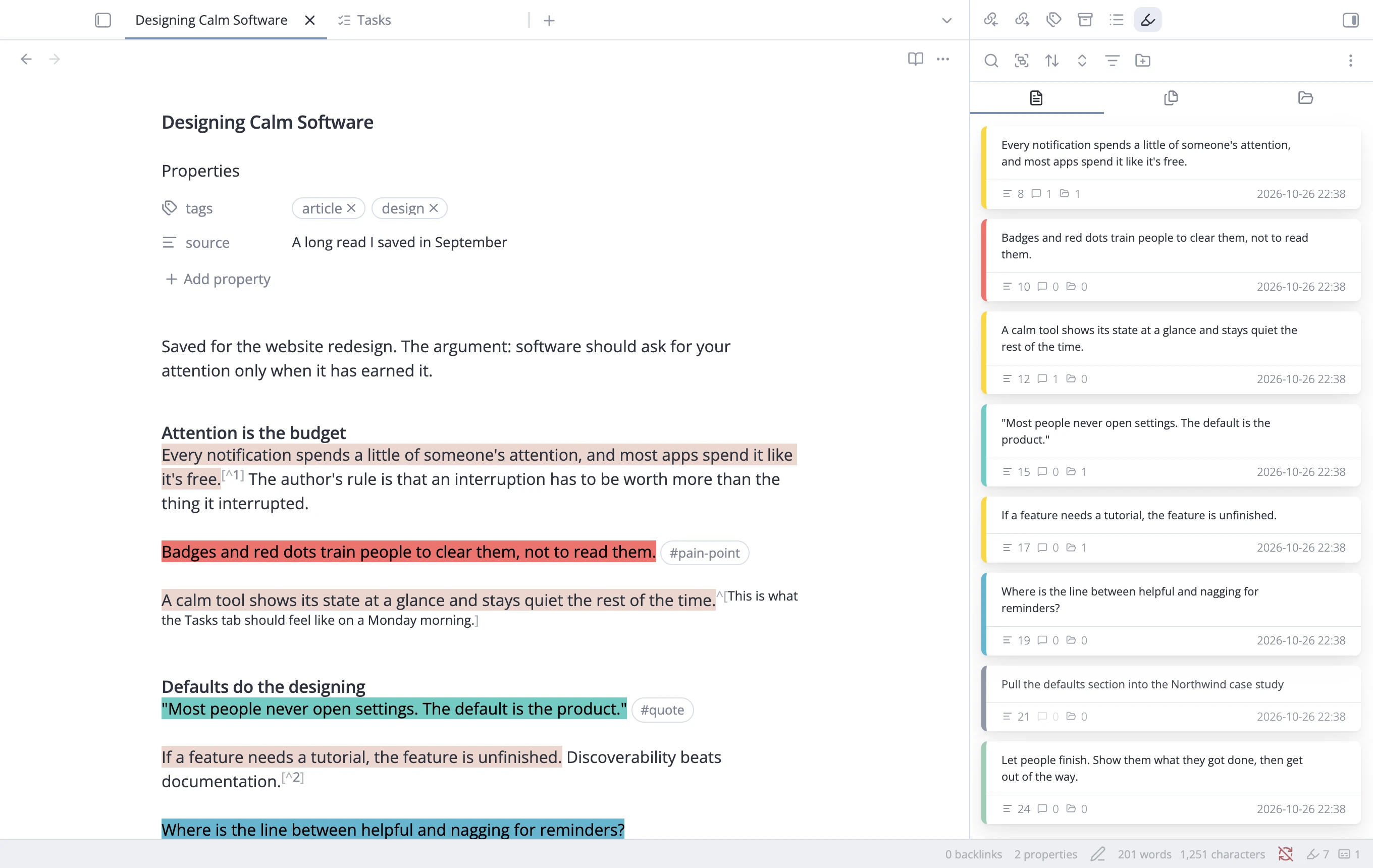 A note with its highlights listed in the sidebar beside it