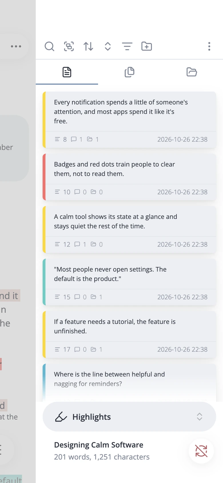 A note's highlights in the sidebar on a phone