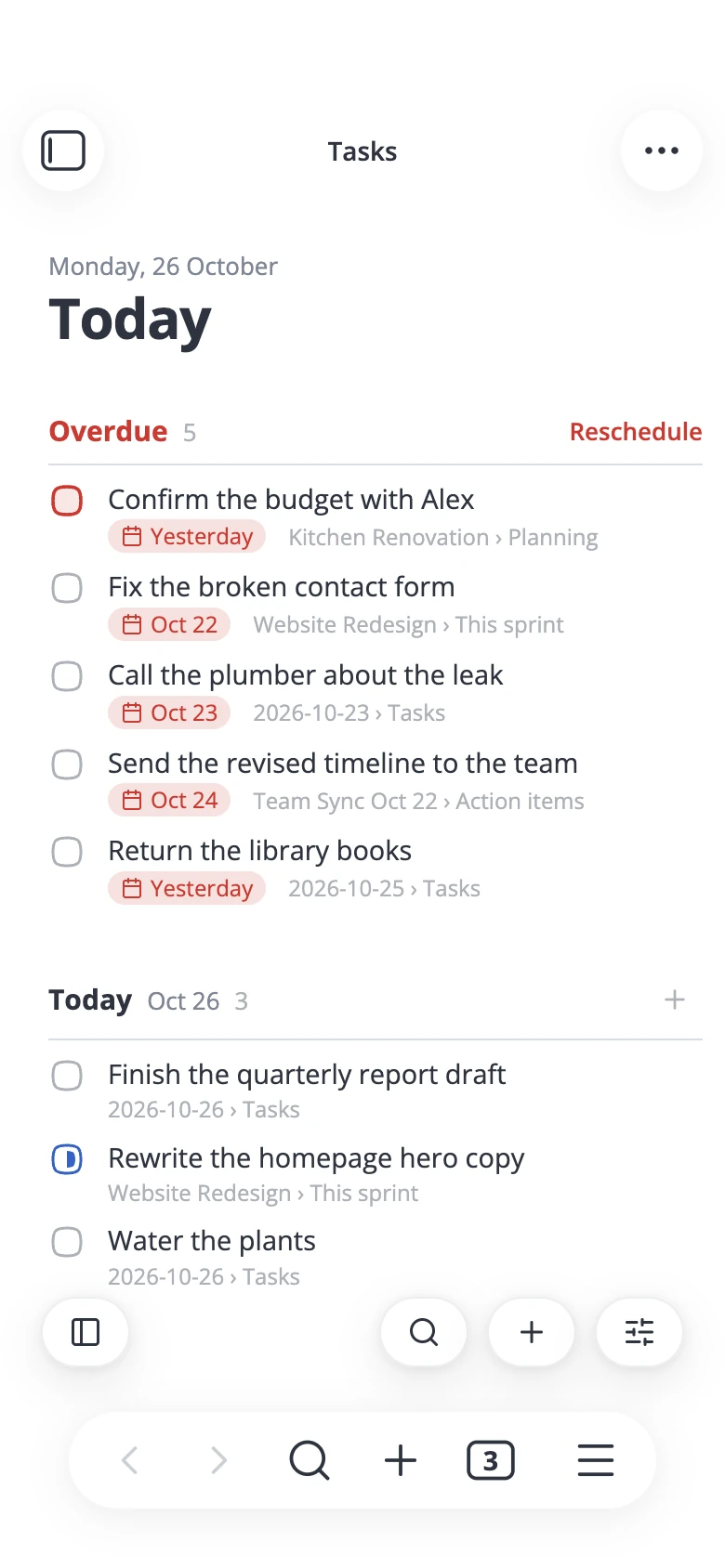 The Tasks tab on a phone