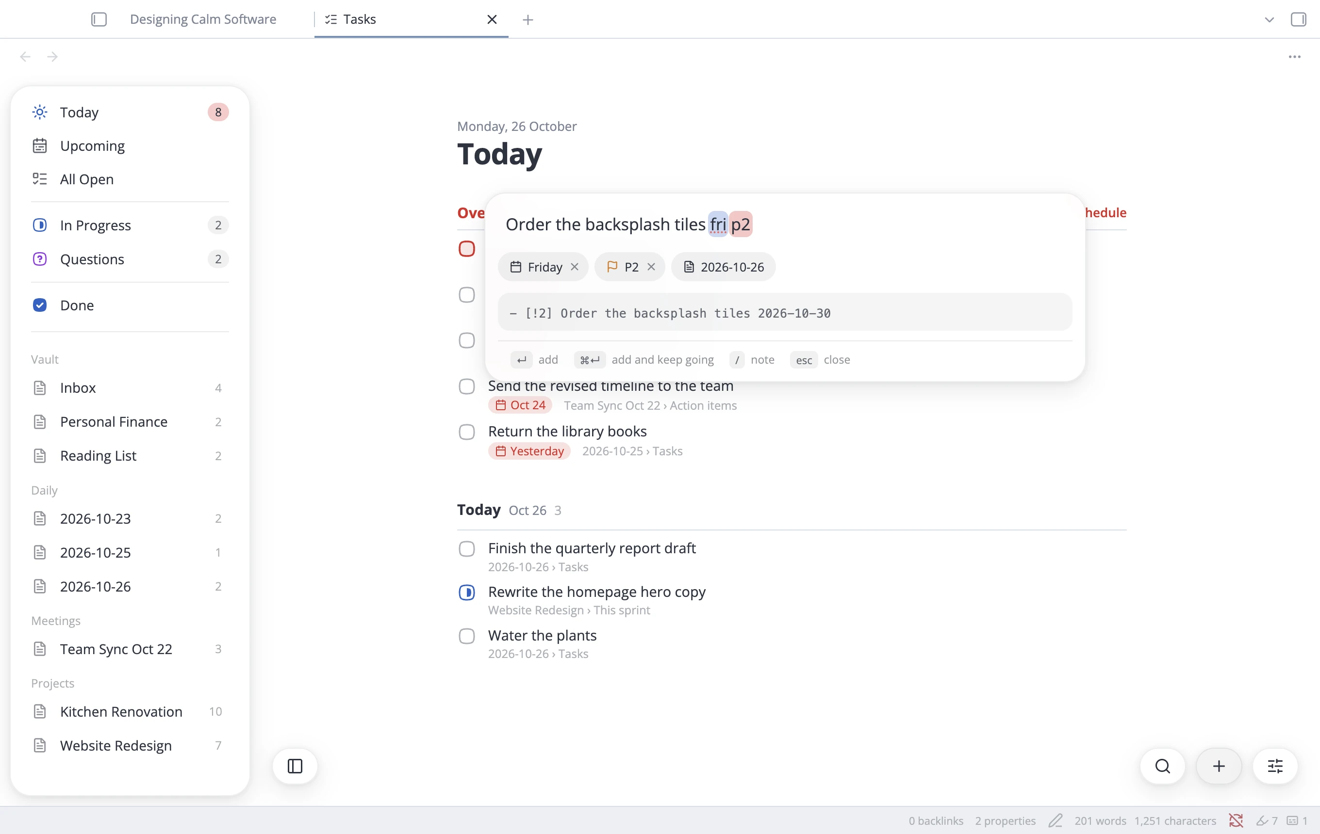 Quick add reading a date and a priority out of the task as it's typed