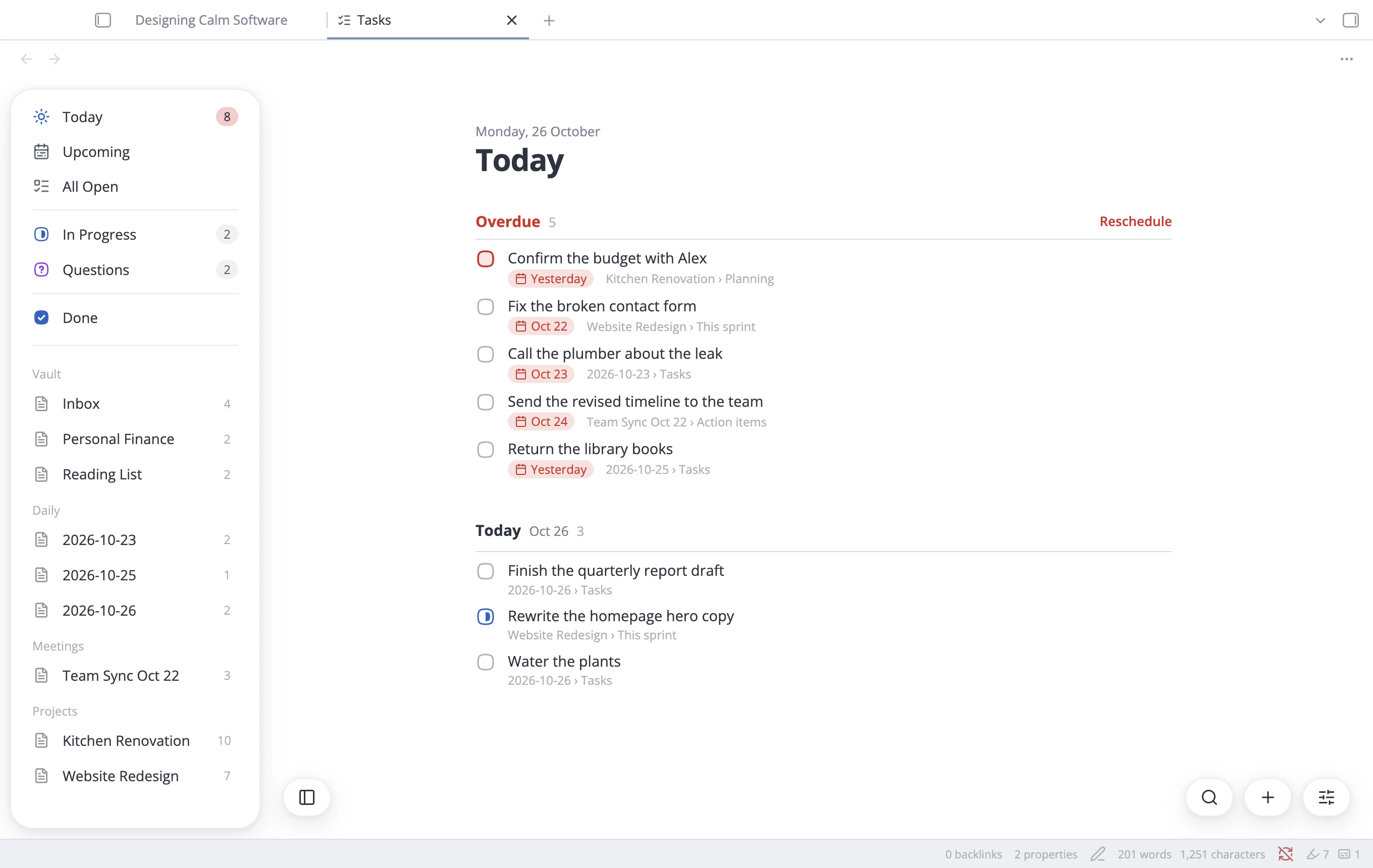 The Tasks tab on Today, with overdue tasks above today's