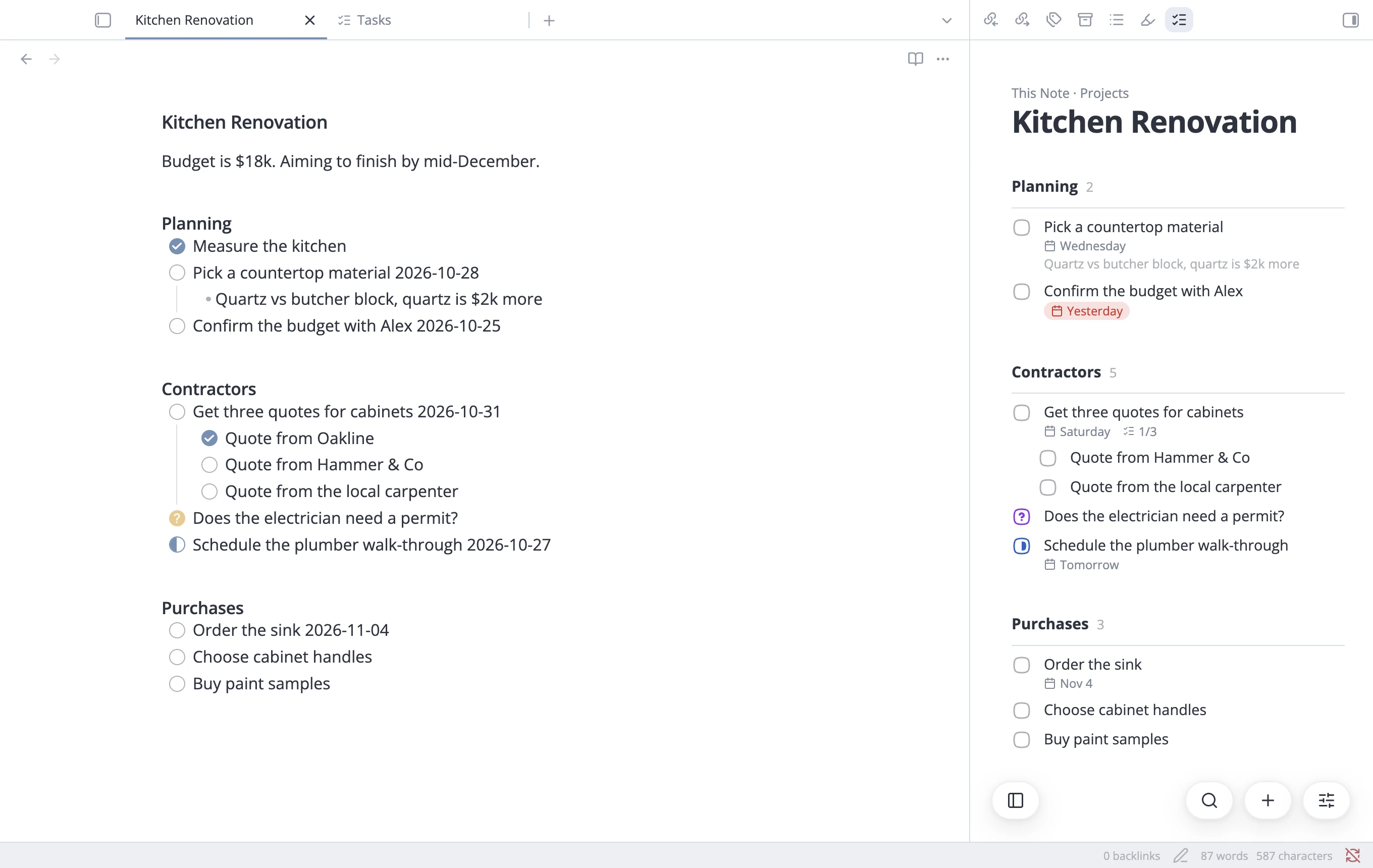 A project note with its tasks in the sidebar, grouped under the same headings