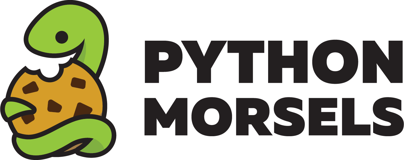 an adorable snake taking a bite out of a cookie with the words Python Morsels next to it (Python Morsels logo)