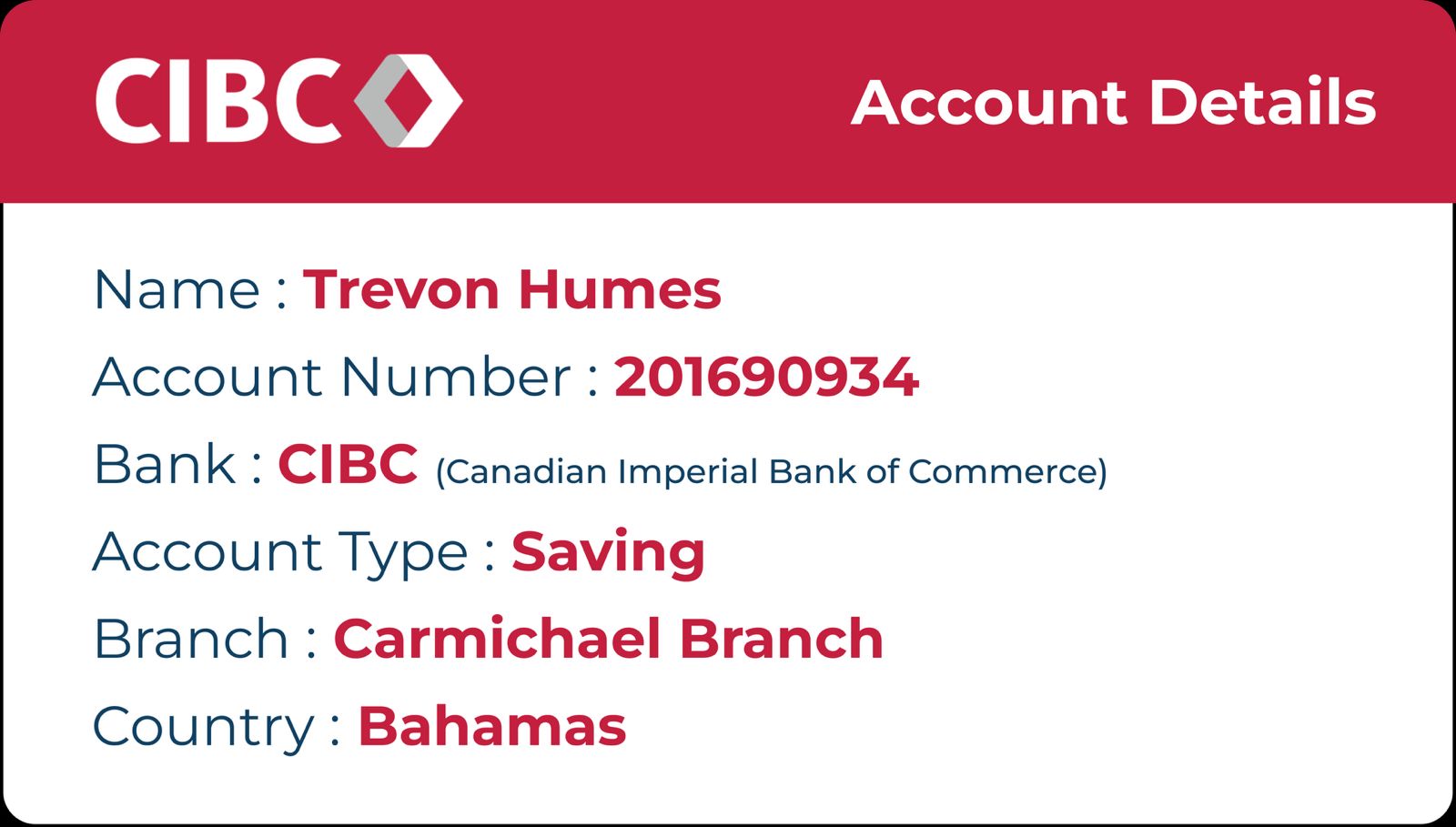 CIBC bank transfer details for Trevon Humes