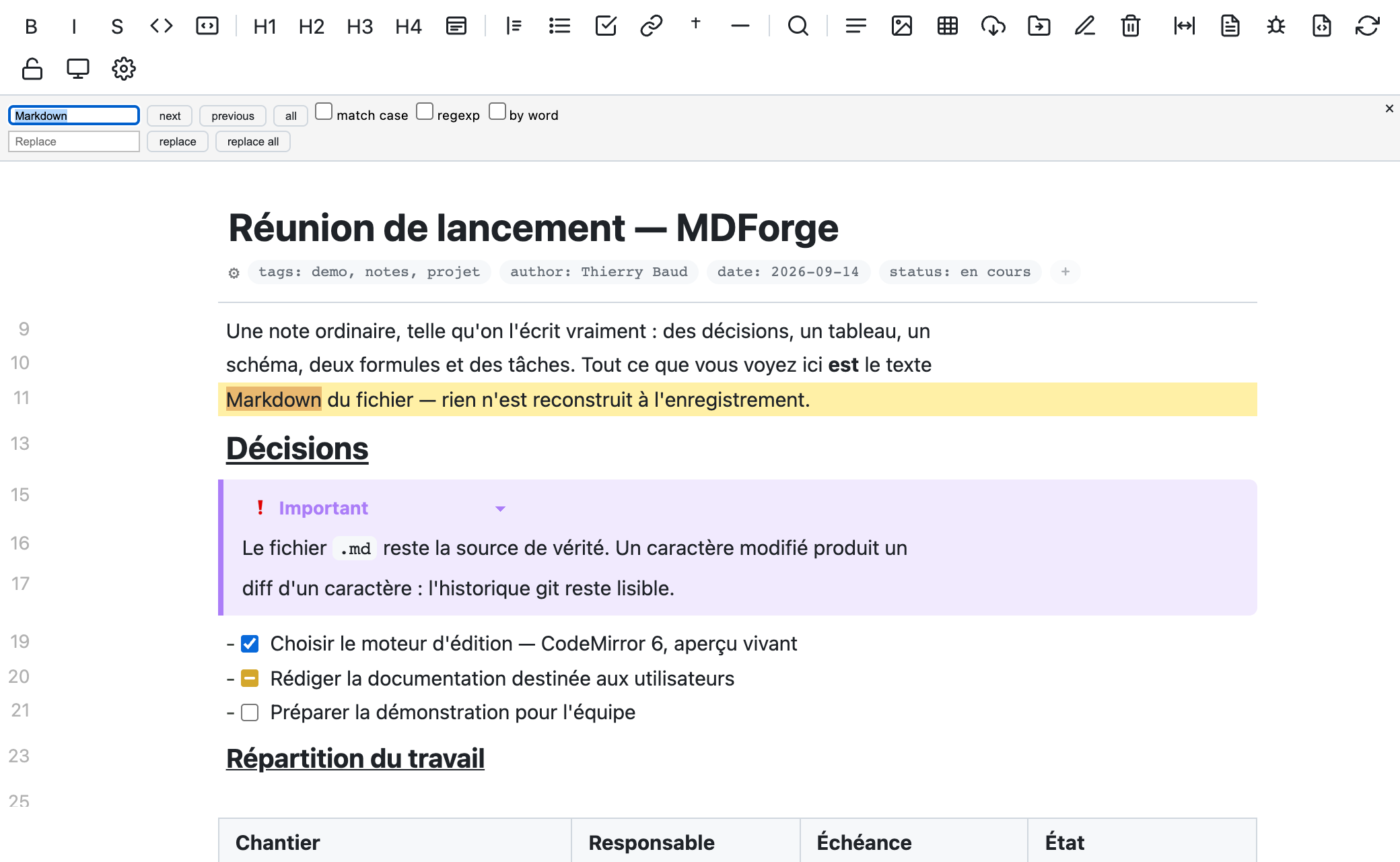 A search result opened the note on the match, with every occurrence of the term highlighted and MDForge's search panel holding it