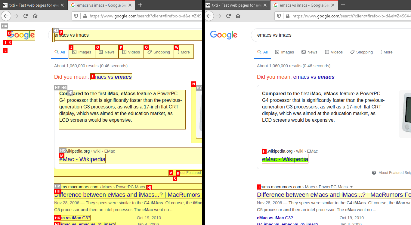 Left: full hints on a Google result page. Right: custom hints which only highlight results
