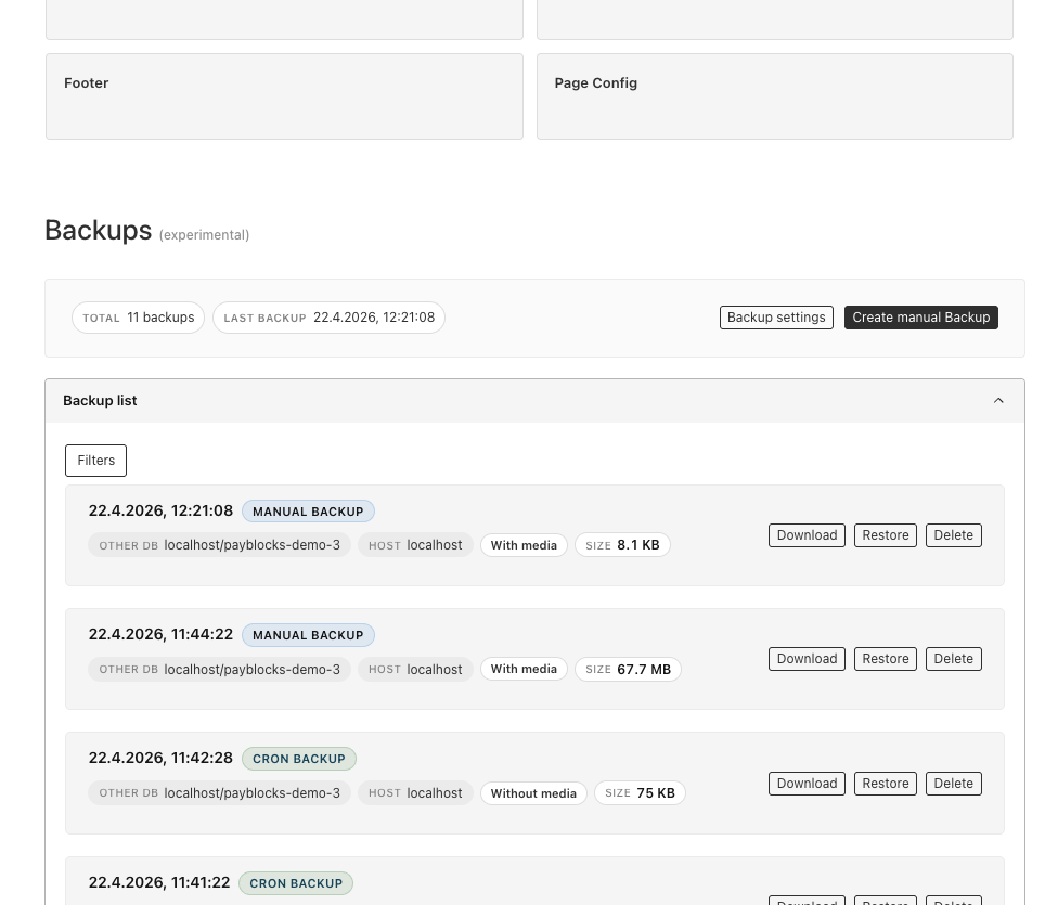 Backup dashboard embedded in the Payload admin panel
