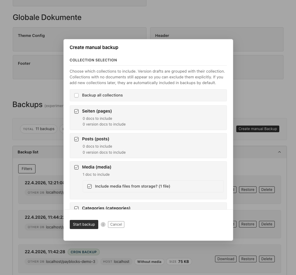 Manual backup dialog with per-collection selection and optional media bundling
