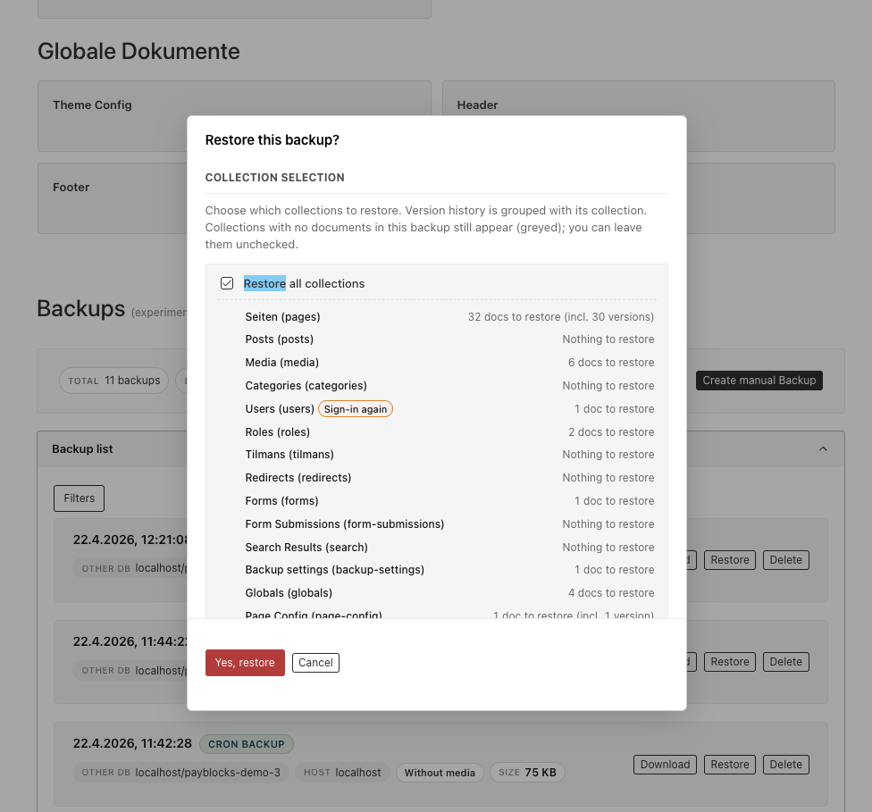 Restore dialog previewing document counts per collection