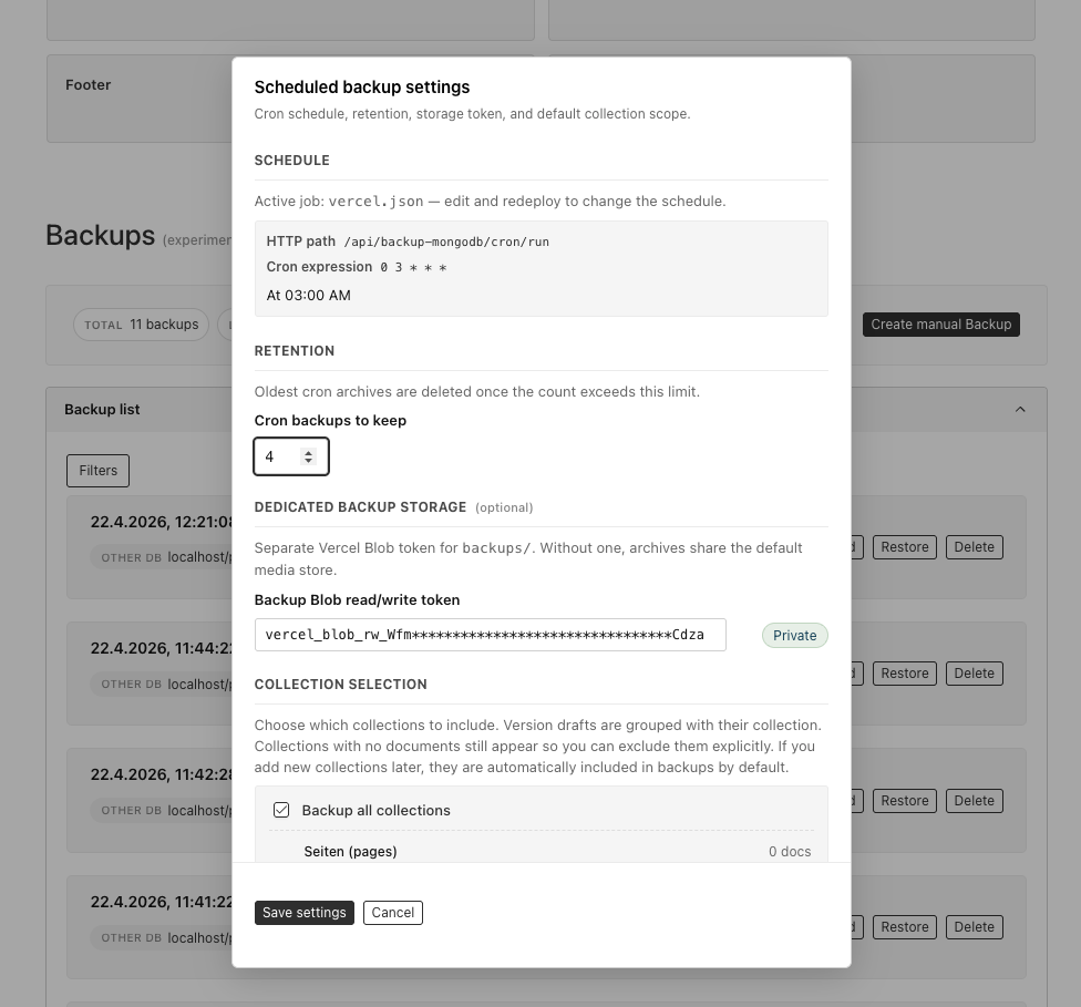 Scheduled backup settings: cron schedule, retention, blob token, collection skip list