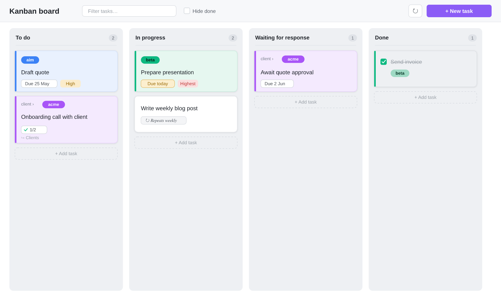 Trietment Kanban board — light theme