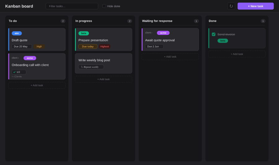 Trietment Kanban — board, calendar and Outlook demo