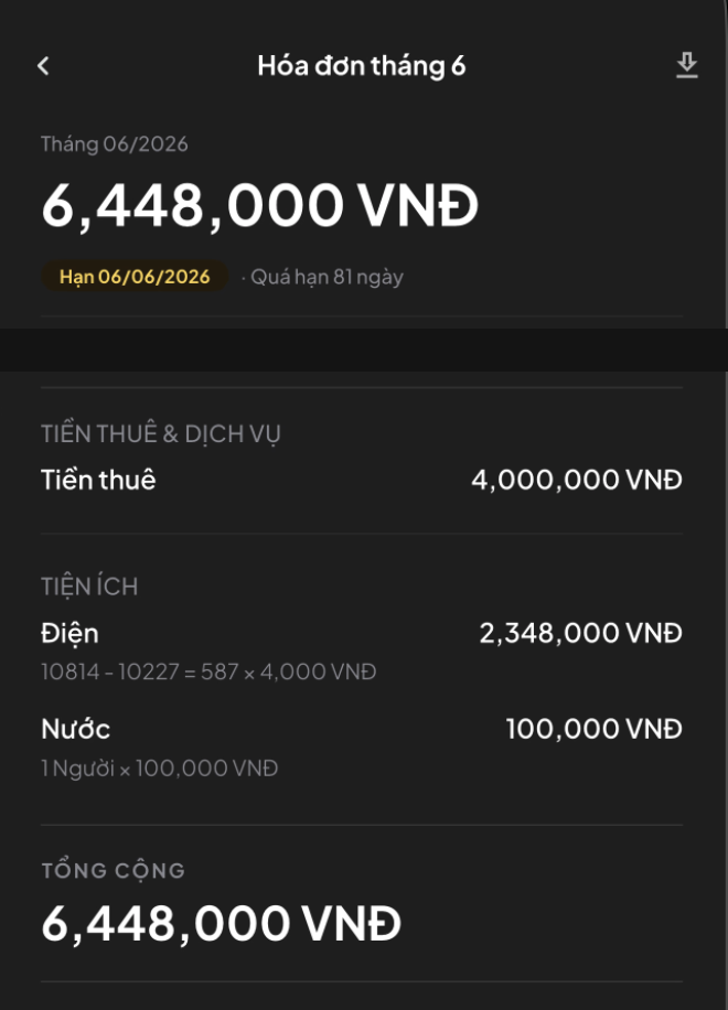 Hóa đơn tháng 6 trên app Ohomi — thấy rõ chỉ số điện cũ/mới (10814 - 10227), đơn giá, thành tiền từng khoản