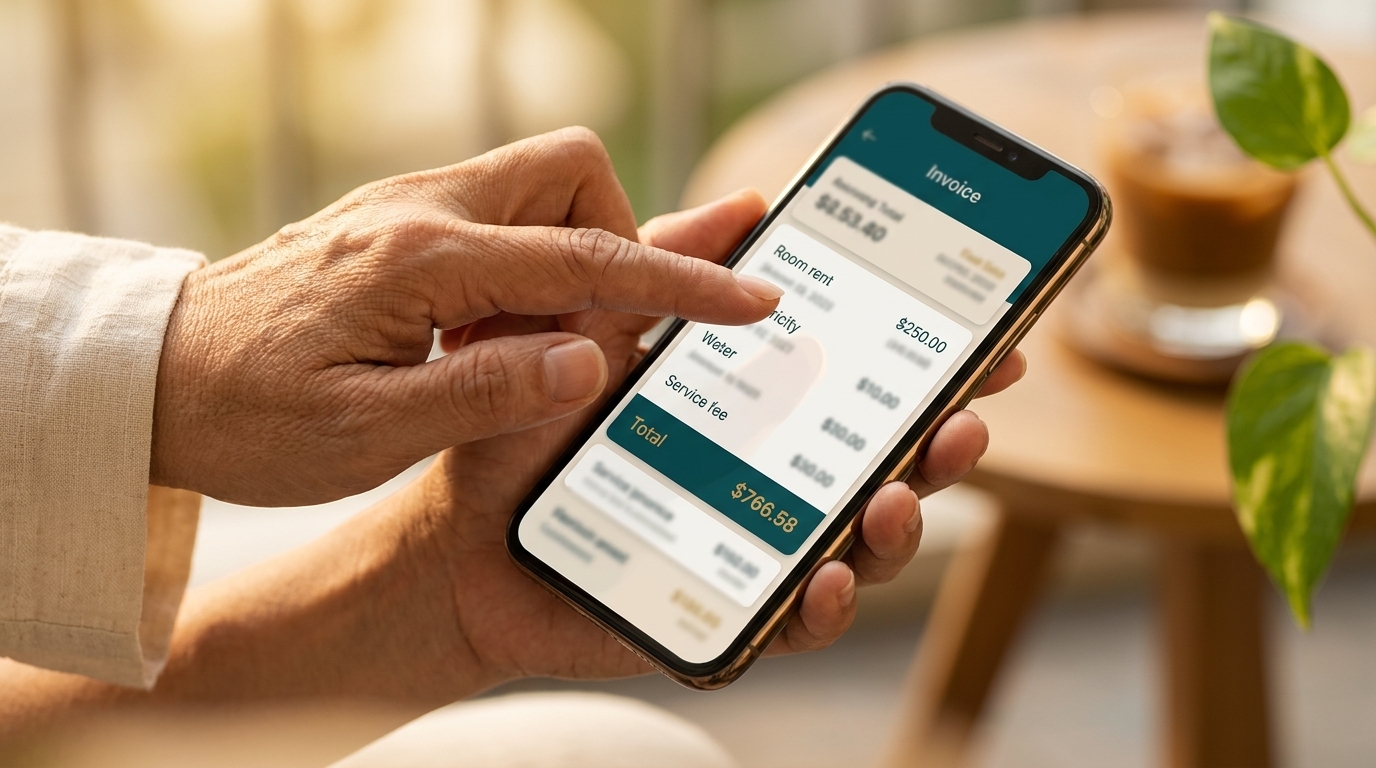 Giao diện app Ohomi ở bước tạo hóa đơn tự động, gộp tiền phòng, điện, nước, phí dịch vụ thành một tổng tiền cuối