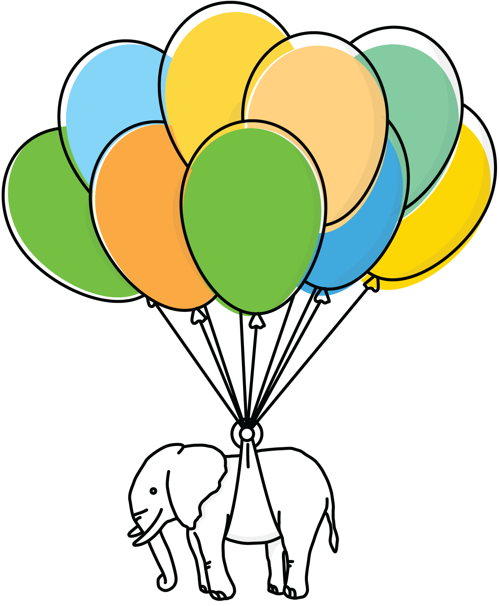 Elephant held by coloured balloons