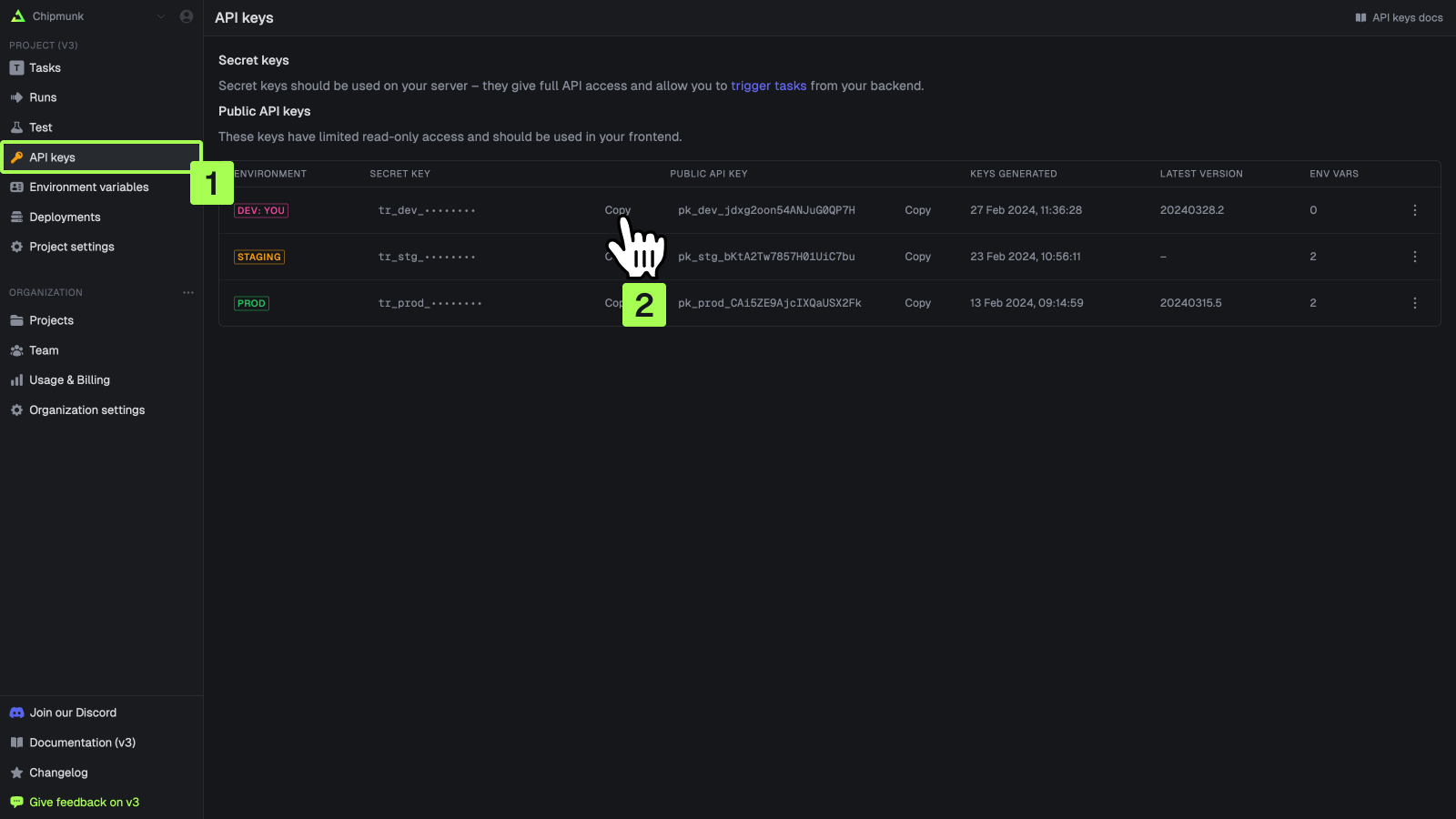 Trigger.dev Web 控制台 — API Keys 管理页面