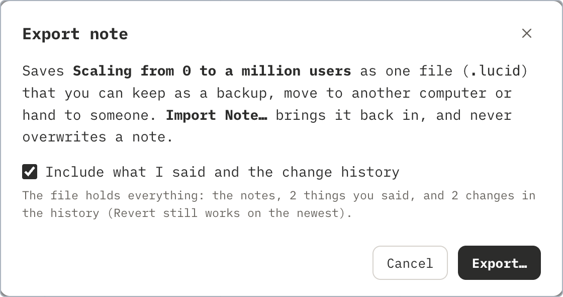 The Export note dialog