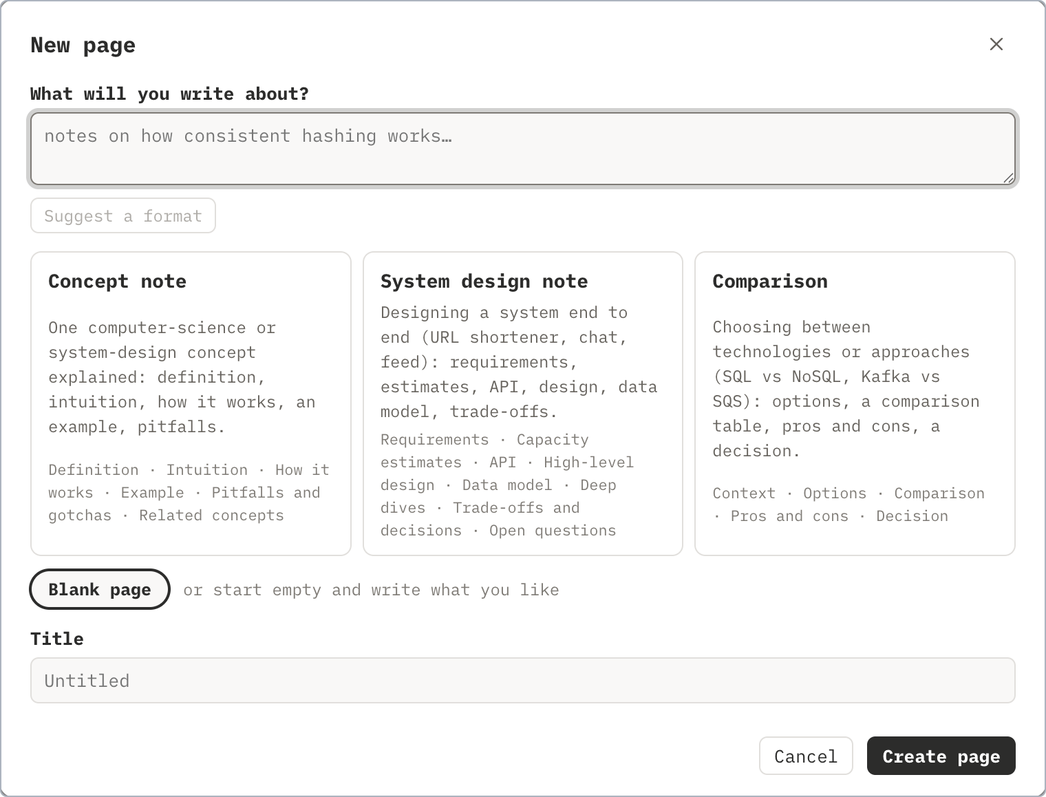The New page dialog: three note formats and a small Blank page button