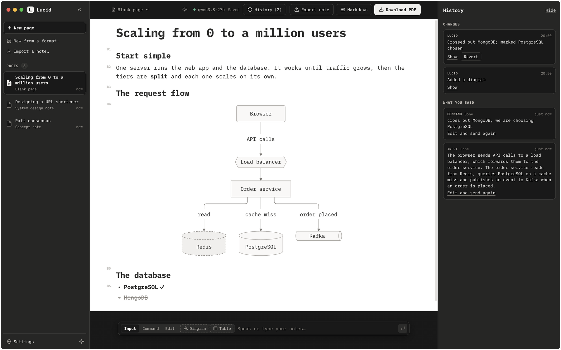 Lucid in a dark app with a light page: a page of notes with a diagram, the list of changes on the right and the input box at the bottom