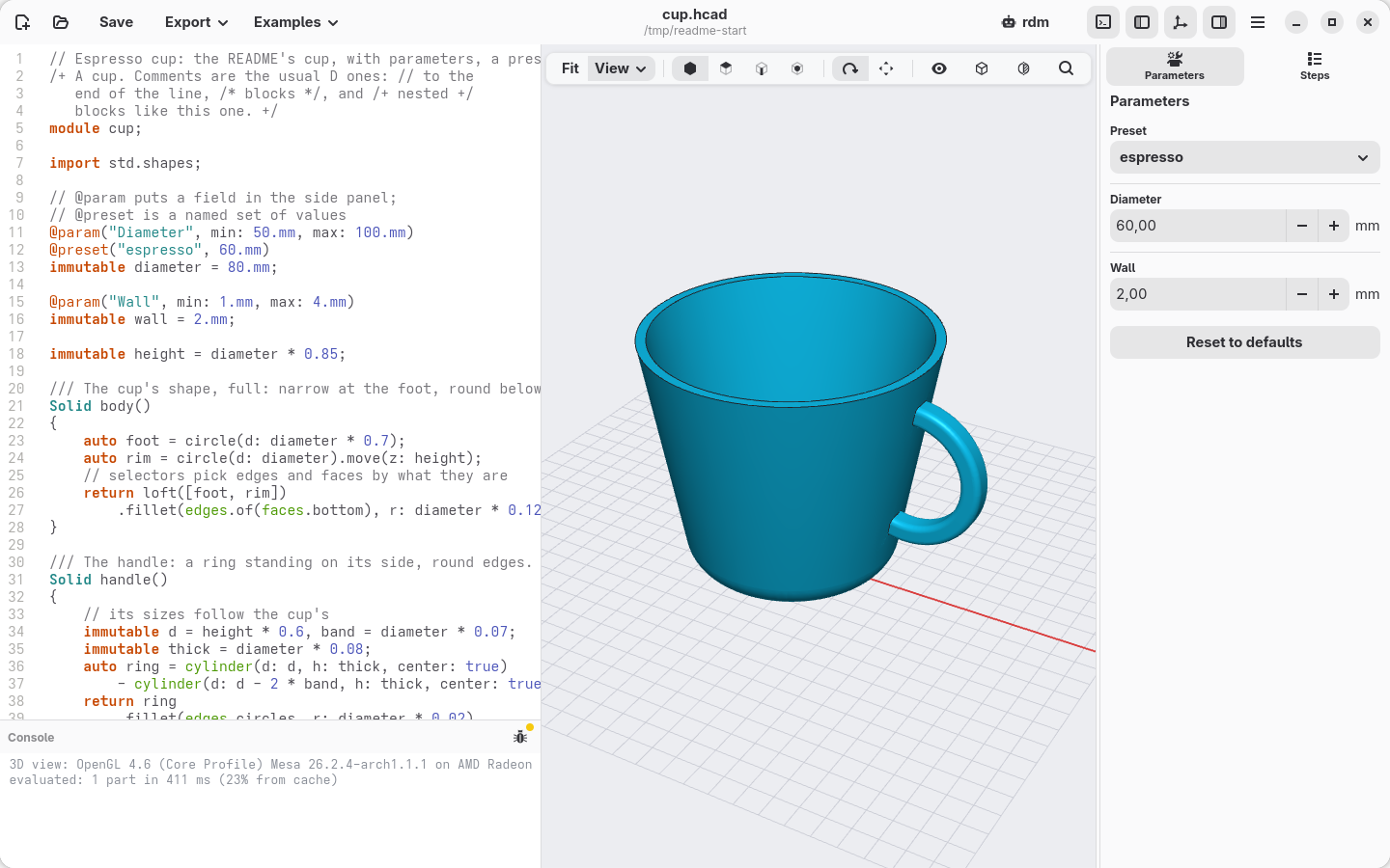 The cup open in hackerscad, with the espresso preset