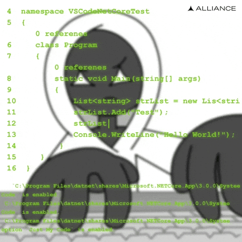 Animated illustration of a person coding at a desk (looping GIF)