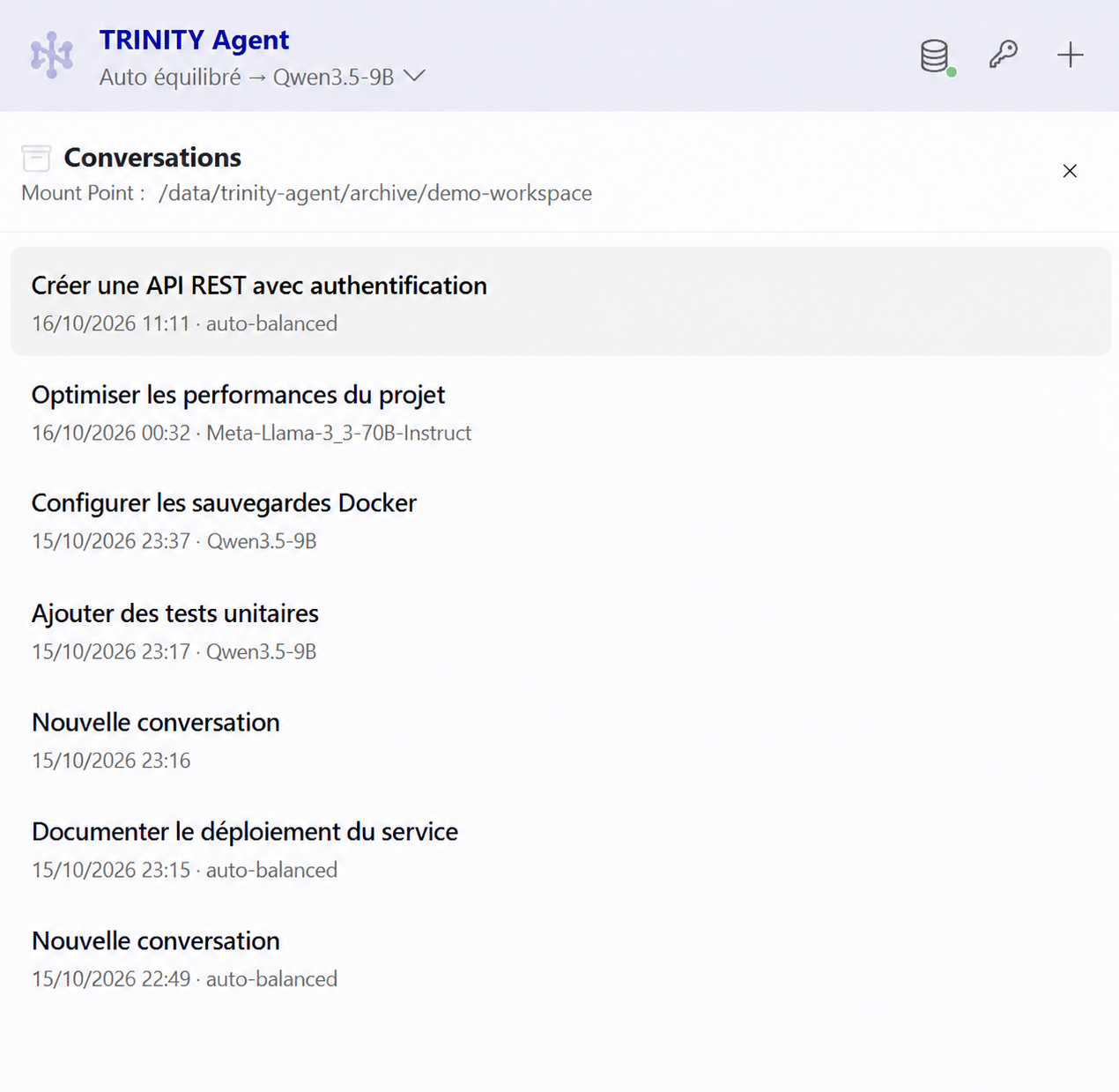 TRINITY Agent conversation history with demonstration titles and mount path